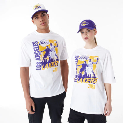 The Male model is wearing LA Lakers NBA Player Graphic White Oversized T-Shirt 1