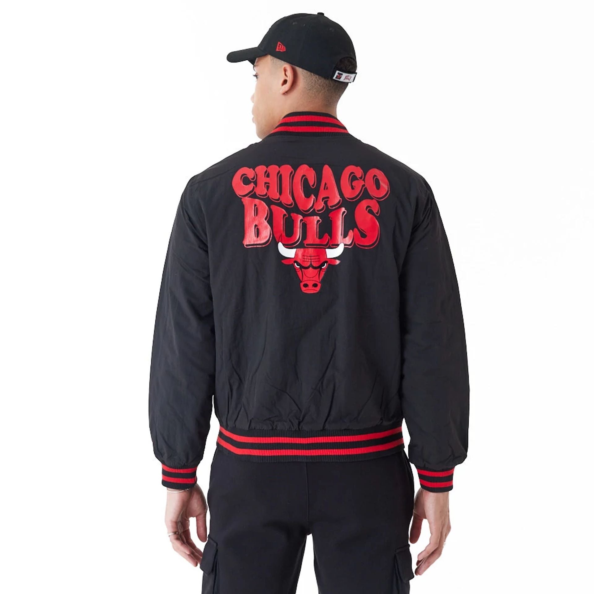 The Male model is wearing Chicago Bulls NBA Script Logo Black Bomber Jacket 2