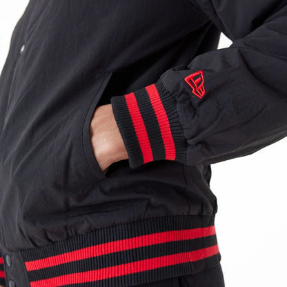 The Male model is wearing Chicago Bulls NBA Script Logo Black Bomber Jacket 3