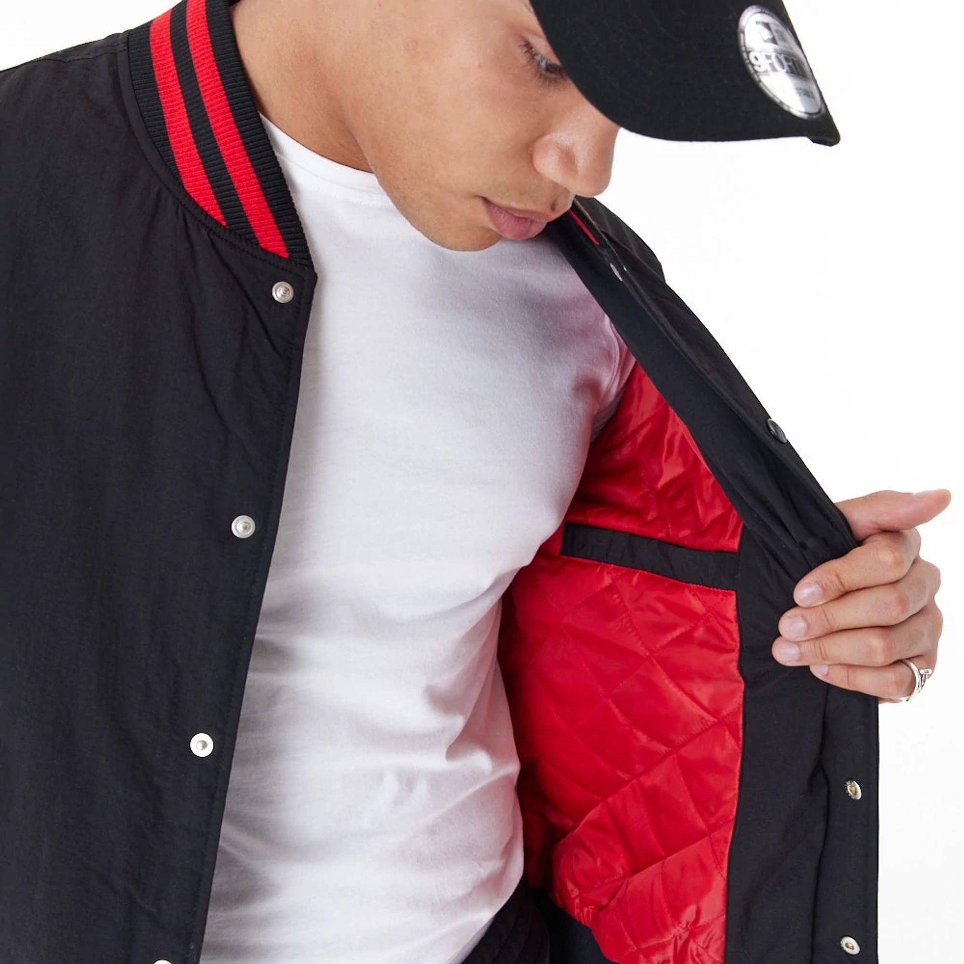 The Male model is wearing Chicago Bulls NBA Script Logo Black Bomber Jacket 5