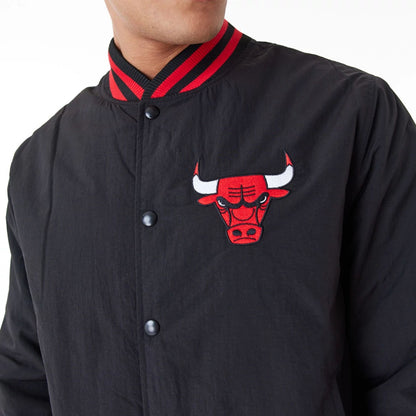 The Male model is wearing Chicago Bulls NBA Script Logo Black Bomber Jacket 6