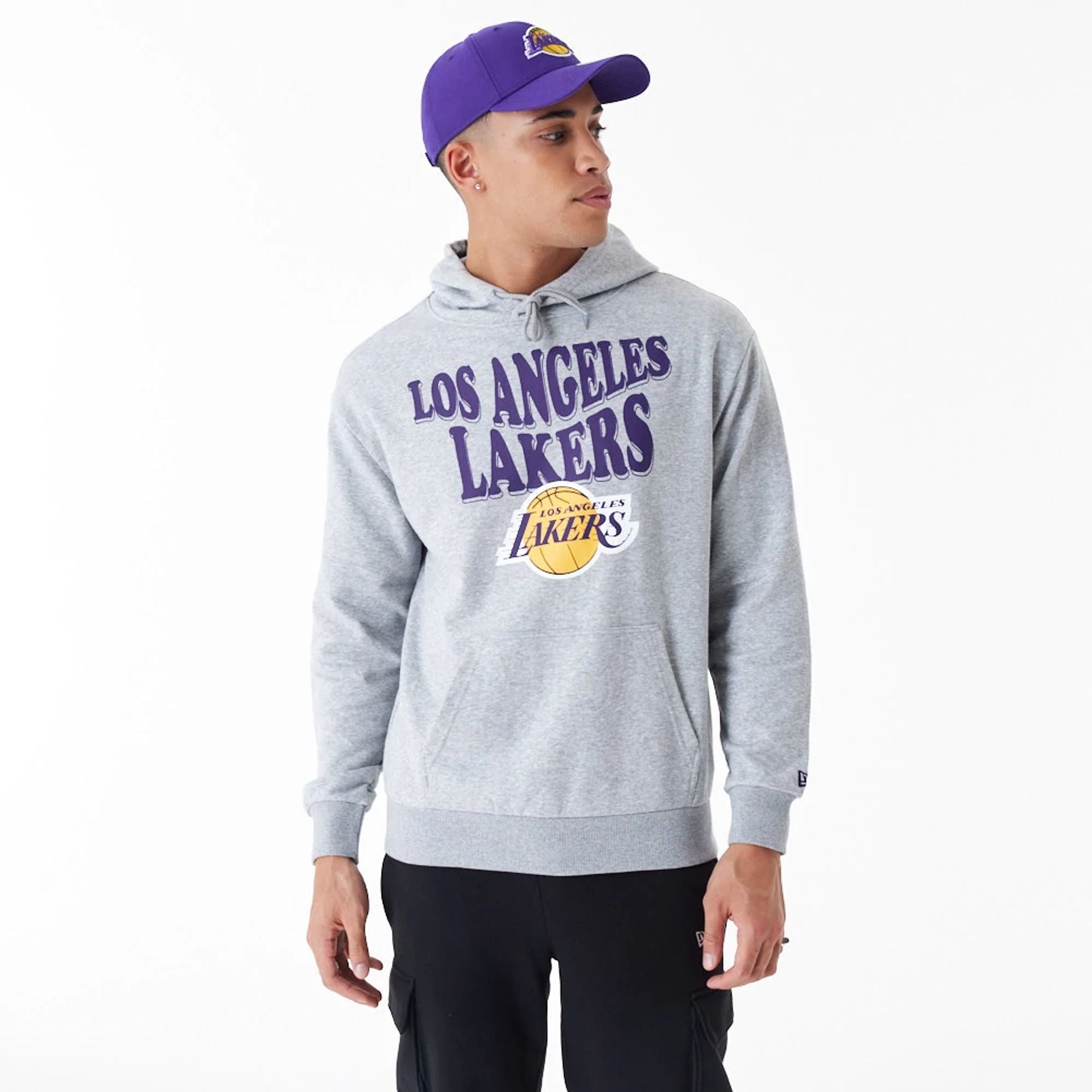 The Male model is wearing LA Lakers NBA Script Grey Oversized Pullover Hoodie 1