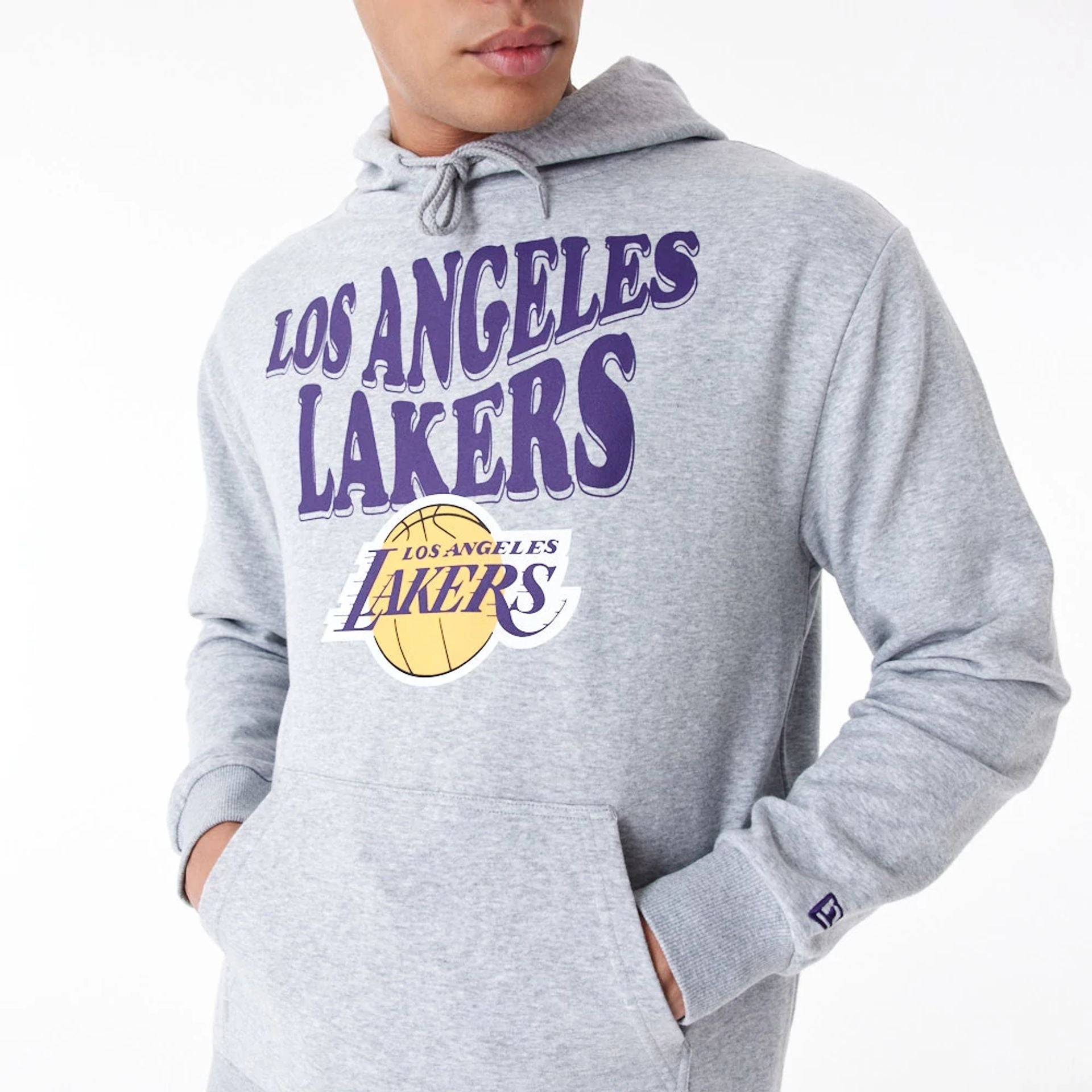 The Male model is wearing LA Lakers NBA Script Grey Oversized Pullover Hoodie 4