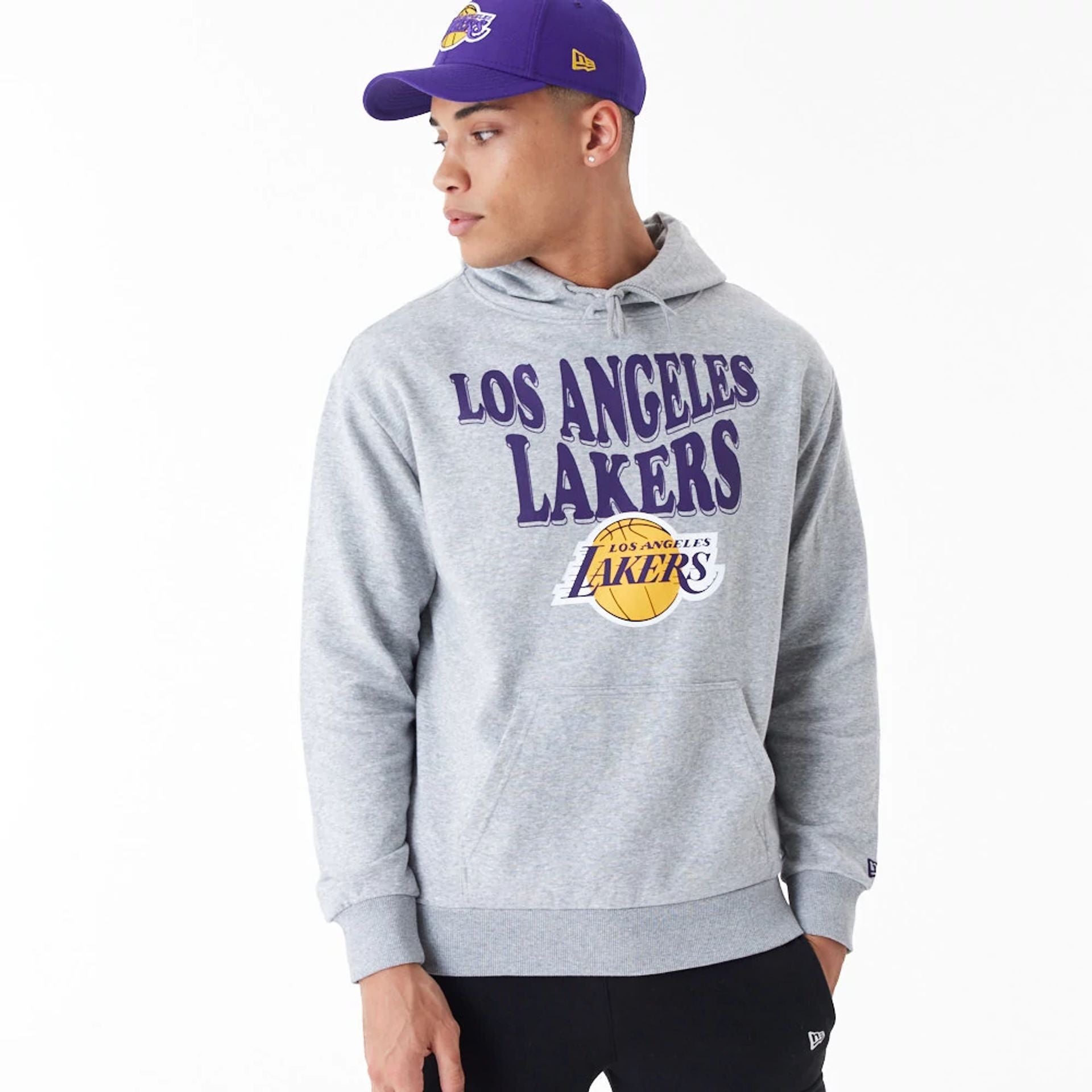 The Male model is wearing LA Lakers NBA Script Grey Oversized Pullover Hoodie 5