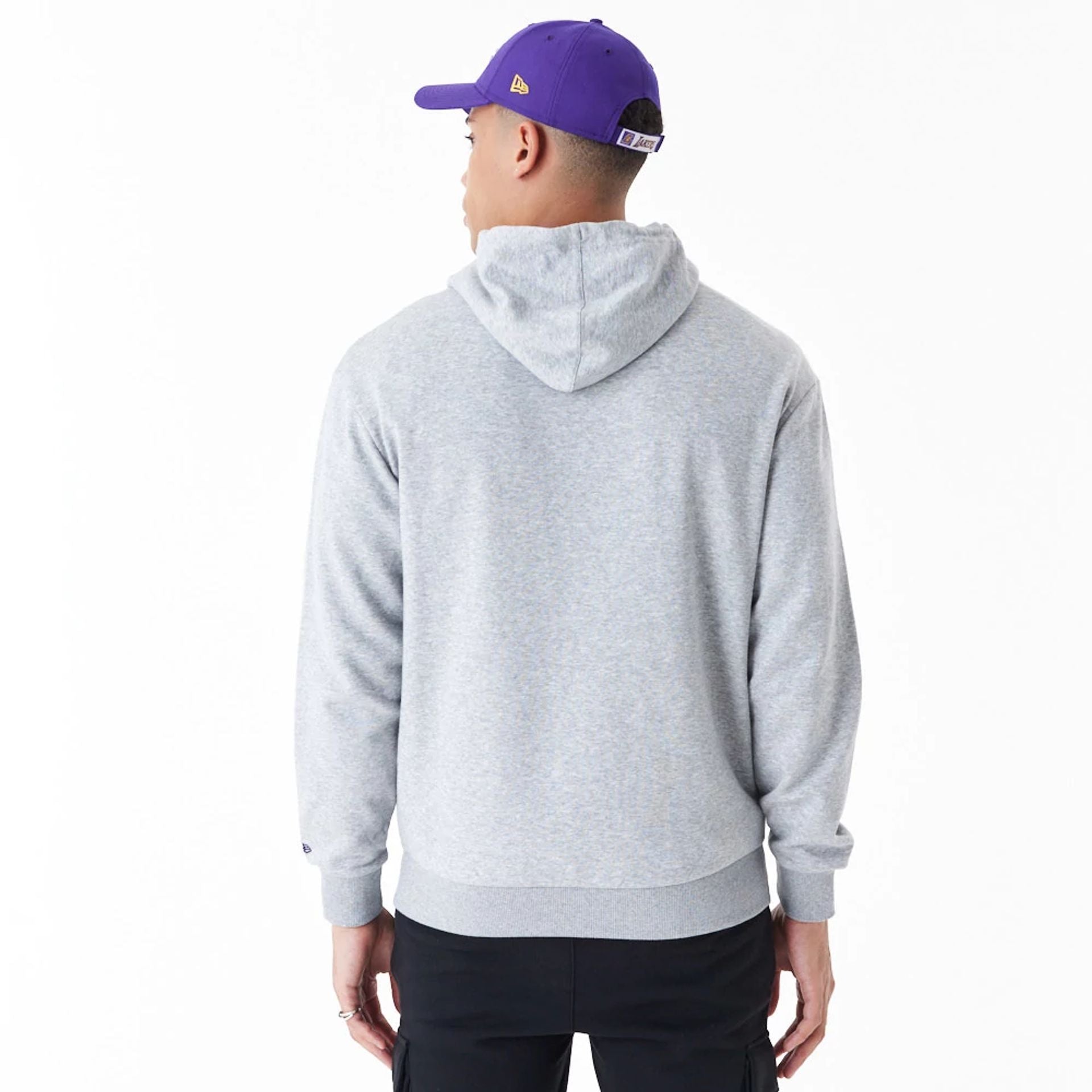 The Male model is wearing LA Lakers NBA Script Grey Oversized Pullover Hoodie 2