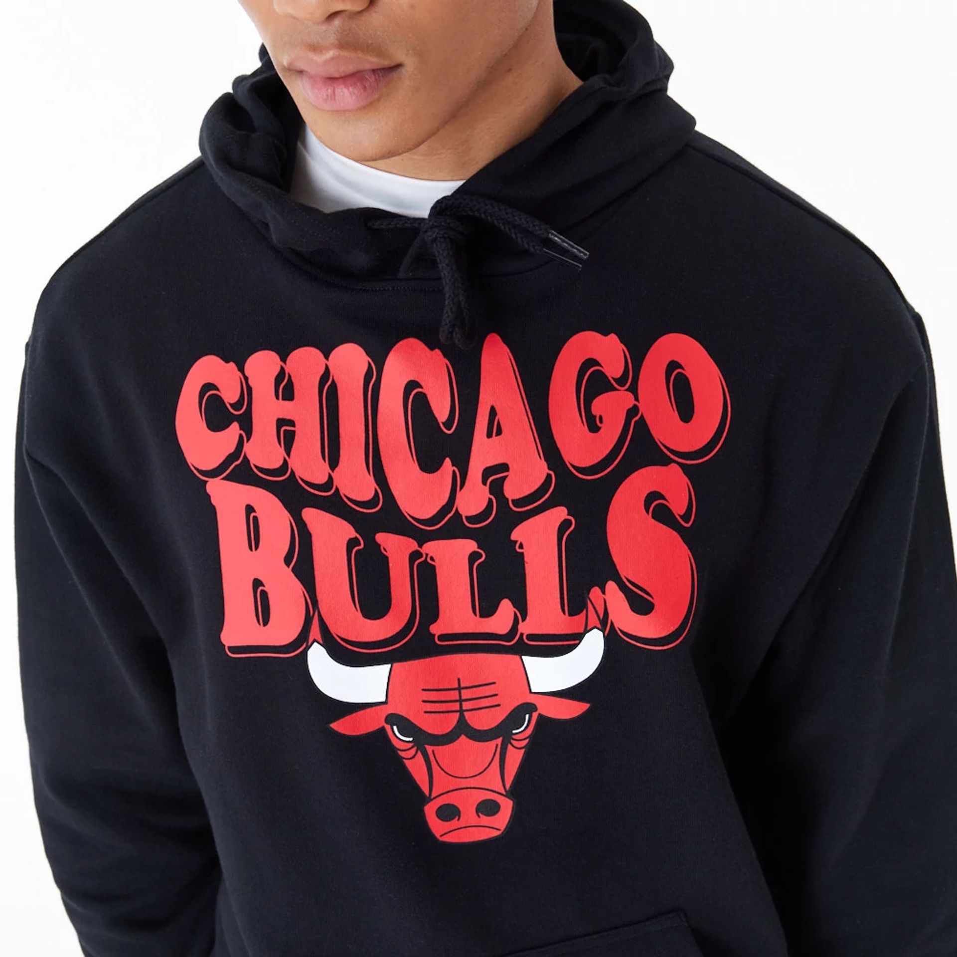 The Male model is wearing Chicago Bulls NBA Script Black Oversized Pullover Hoodie 6