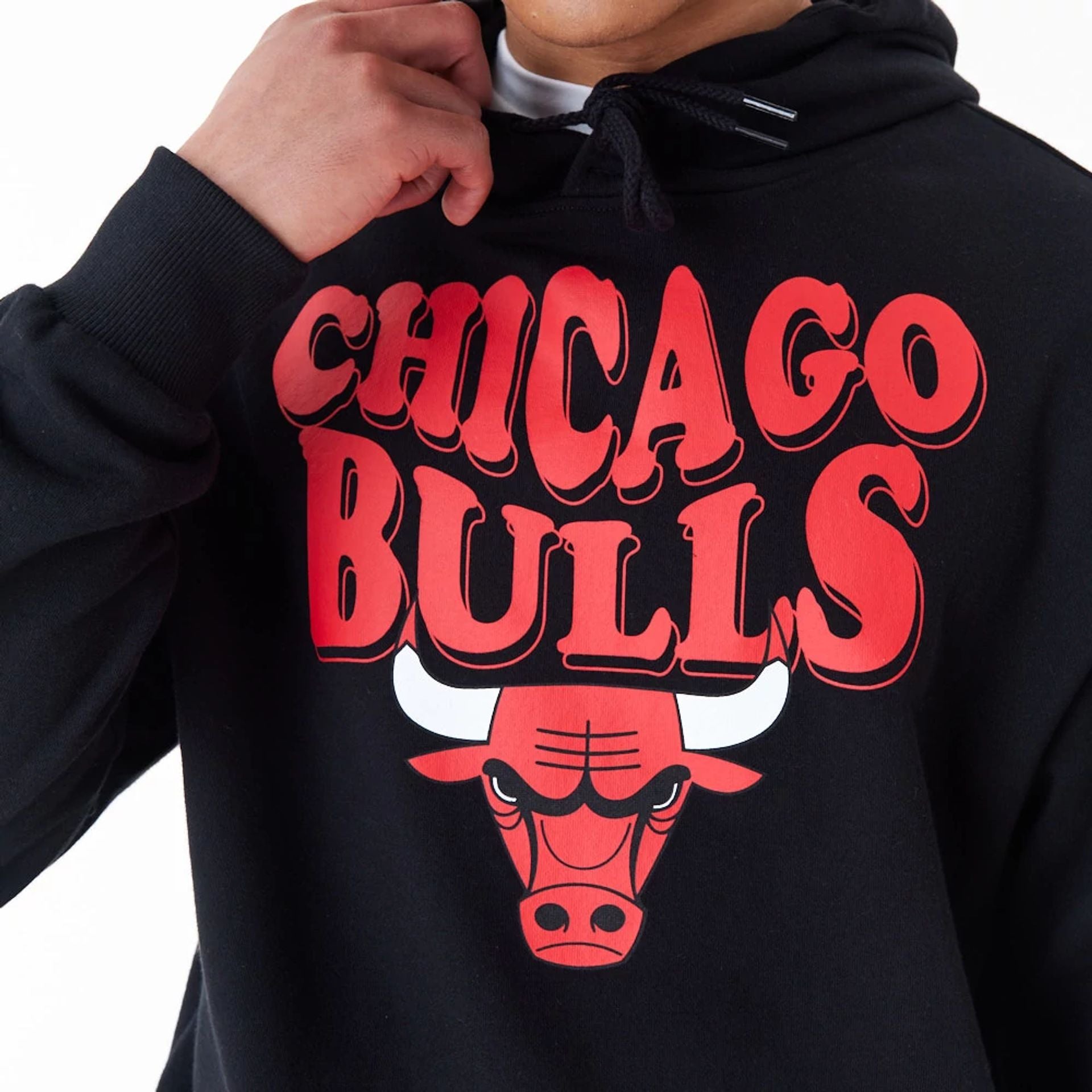 The Male model is wearing Chicago Bulls NBA Script Black Oversized Pullover Hoodie 5