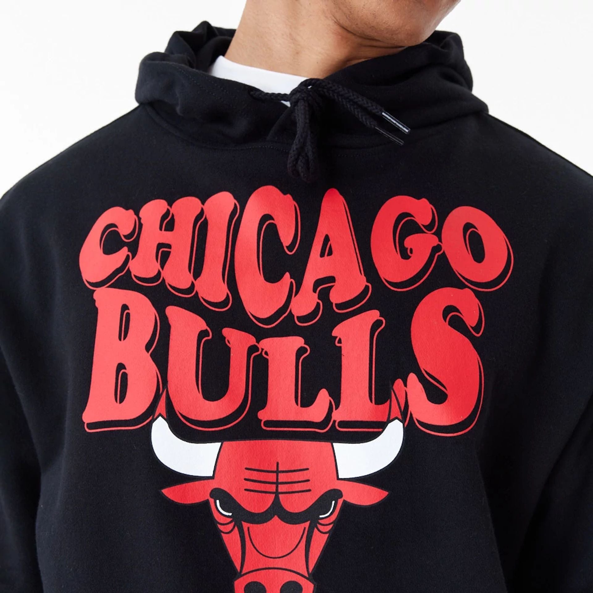 The Male model is wearing Chicago Bulls NBA Script Black Oversized Pullover Hoodie 2