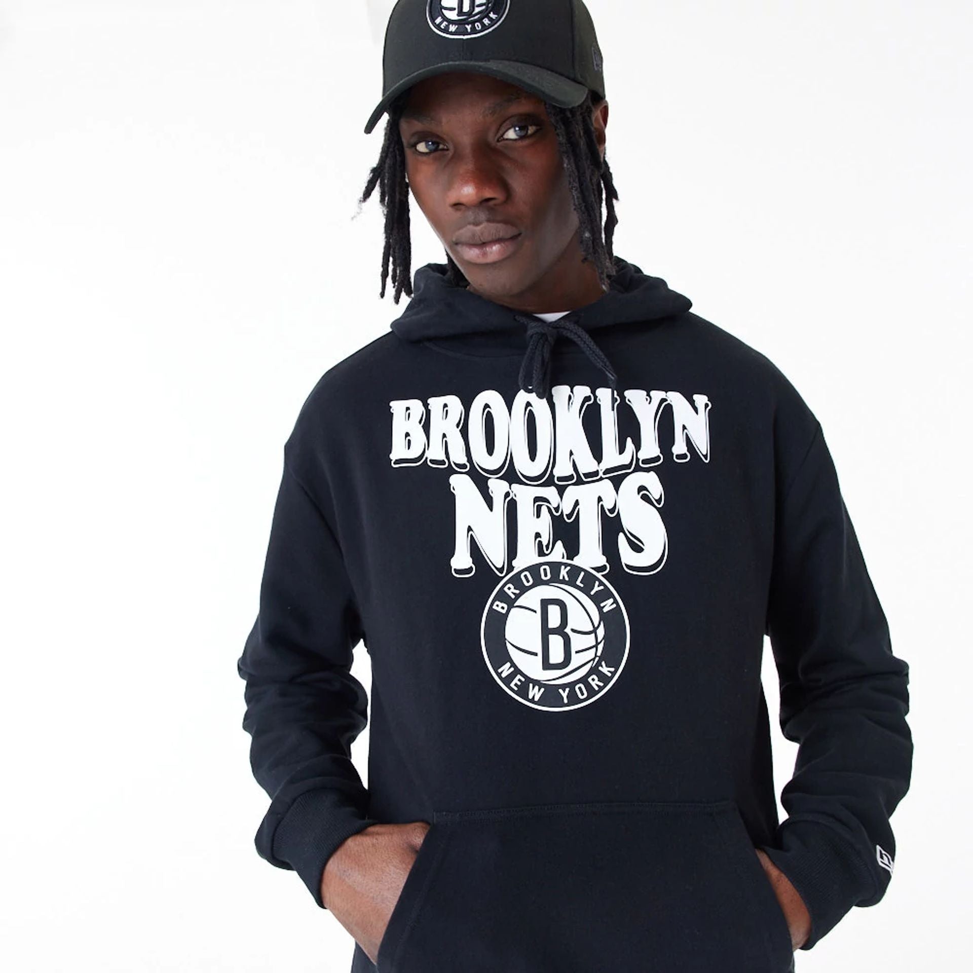 The Male model is wearing Brooklyn Nets NBA Script Black Oversized Pullover Hoodie 2