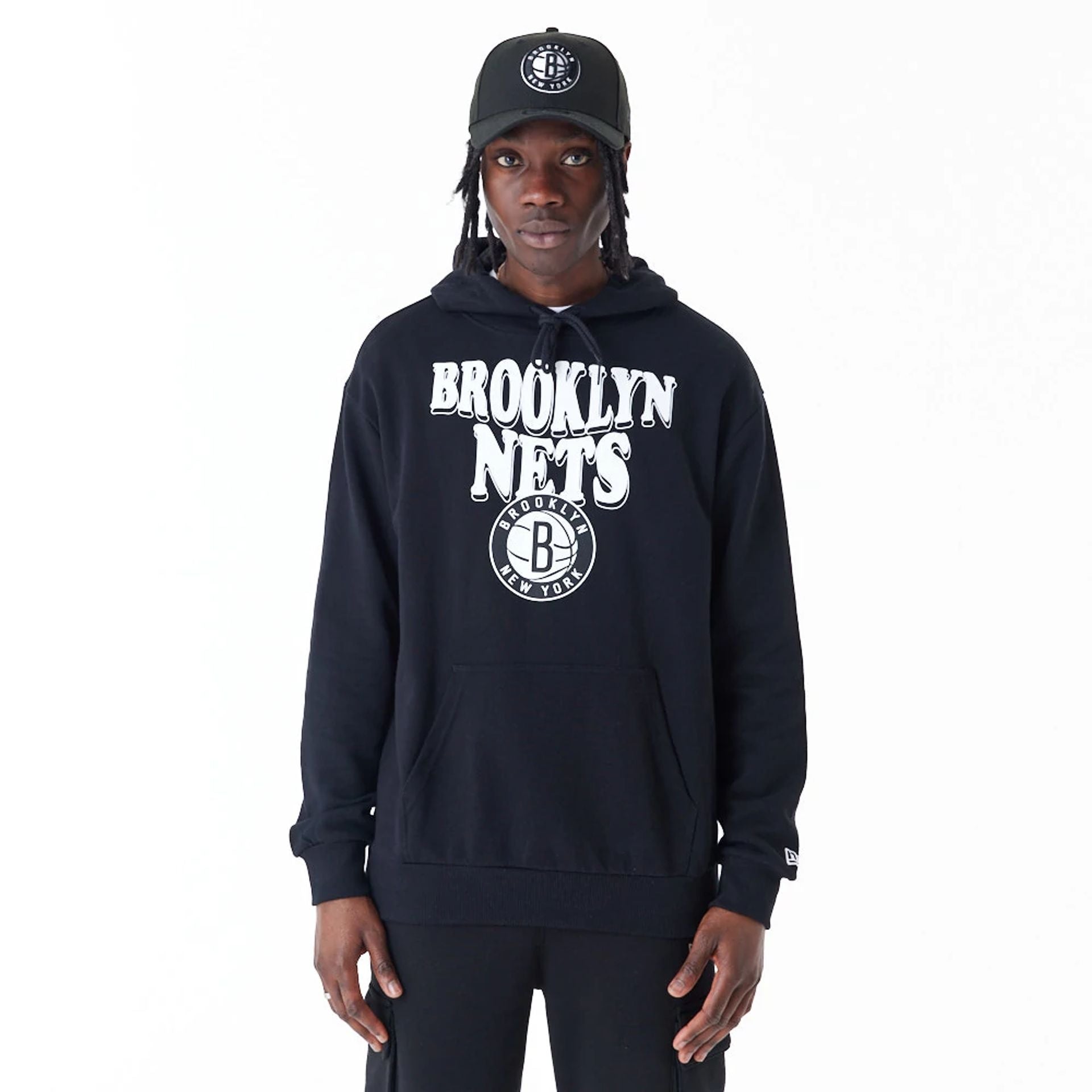 The Male model is wearing Brooklyn Nets NBA Script Black Oversized Pullover Hoodie 1