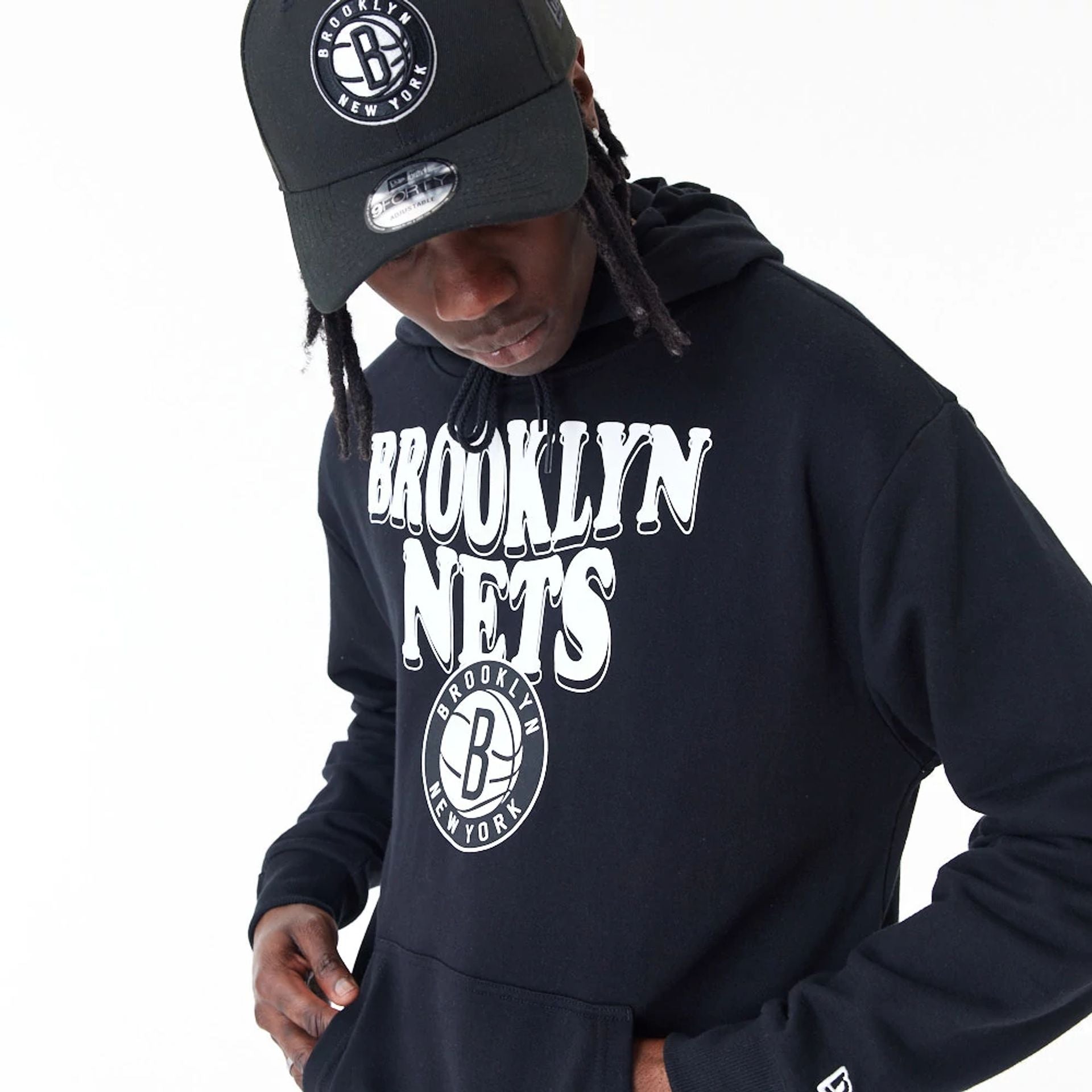 The Male model is wearing Brooklyn Nets NBA Script Black Oversized Pullover Hoodie 5