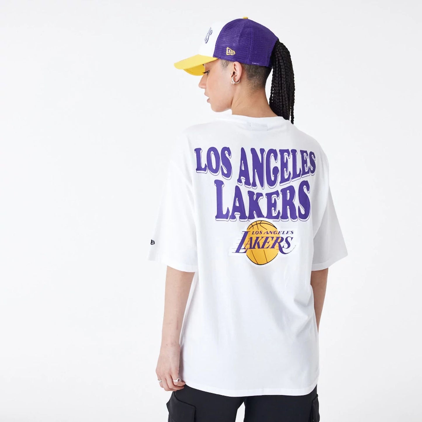 The Male model is wearing LA Lakers NBA Script White Oversized T-Shirt 8