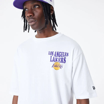 The Male model is wearing LA Lakers NBA Script White Oversized T-Shirt 6