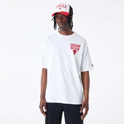 The Male model is wearing Chicago Bulls NBA Script Logo White Oversized T-Shirt 5