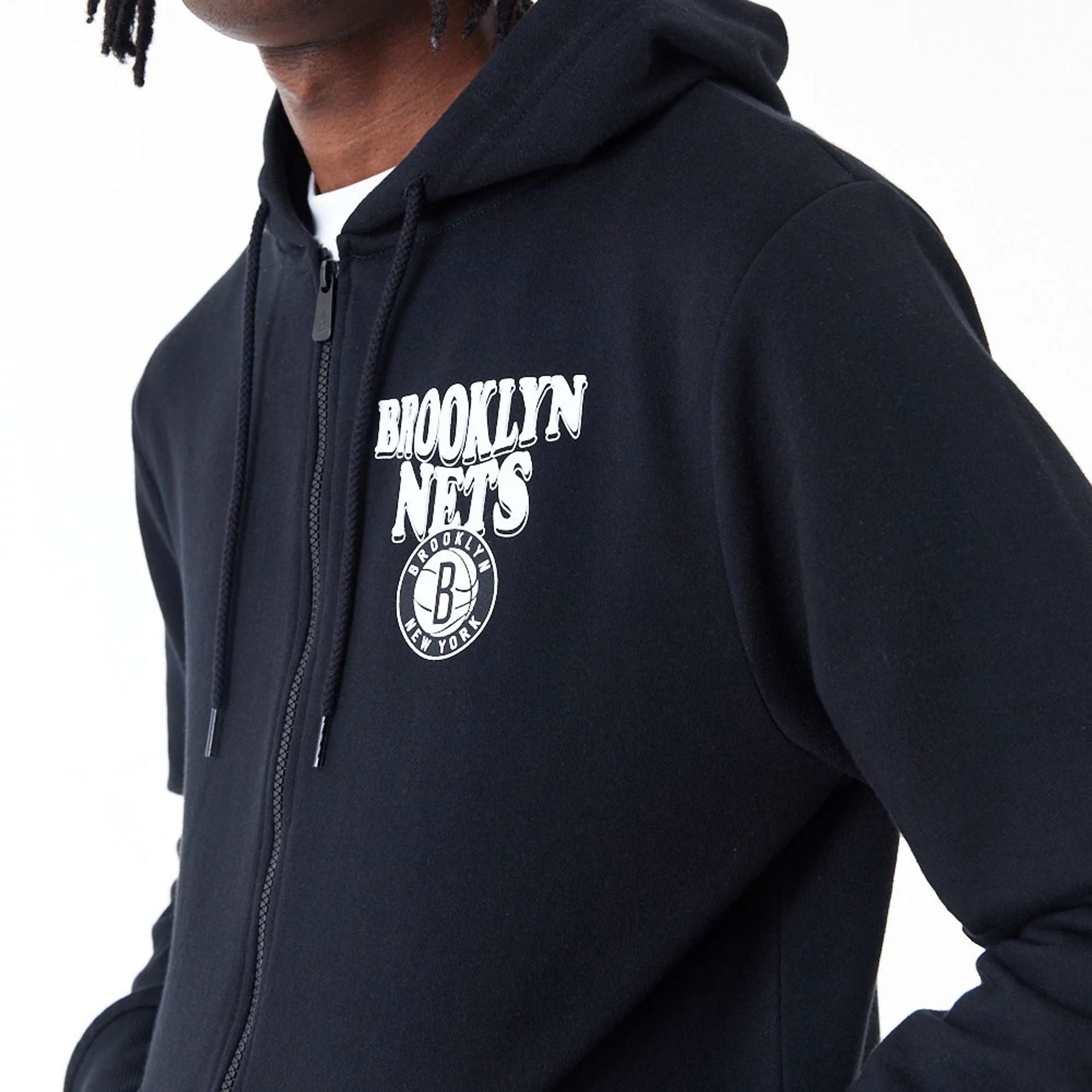 The Male model is wearing Brooklyn Nets NBA Script Black Full Zip Hoodie 2