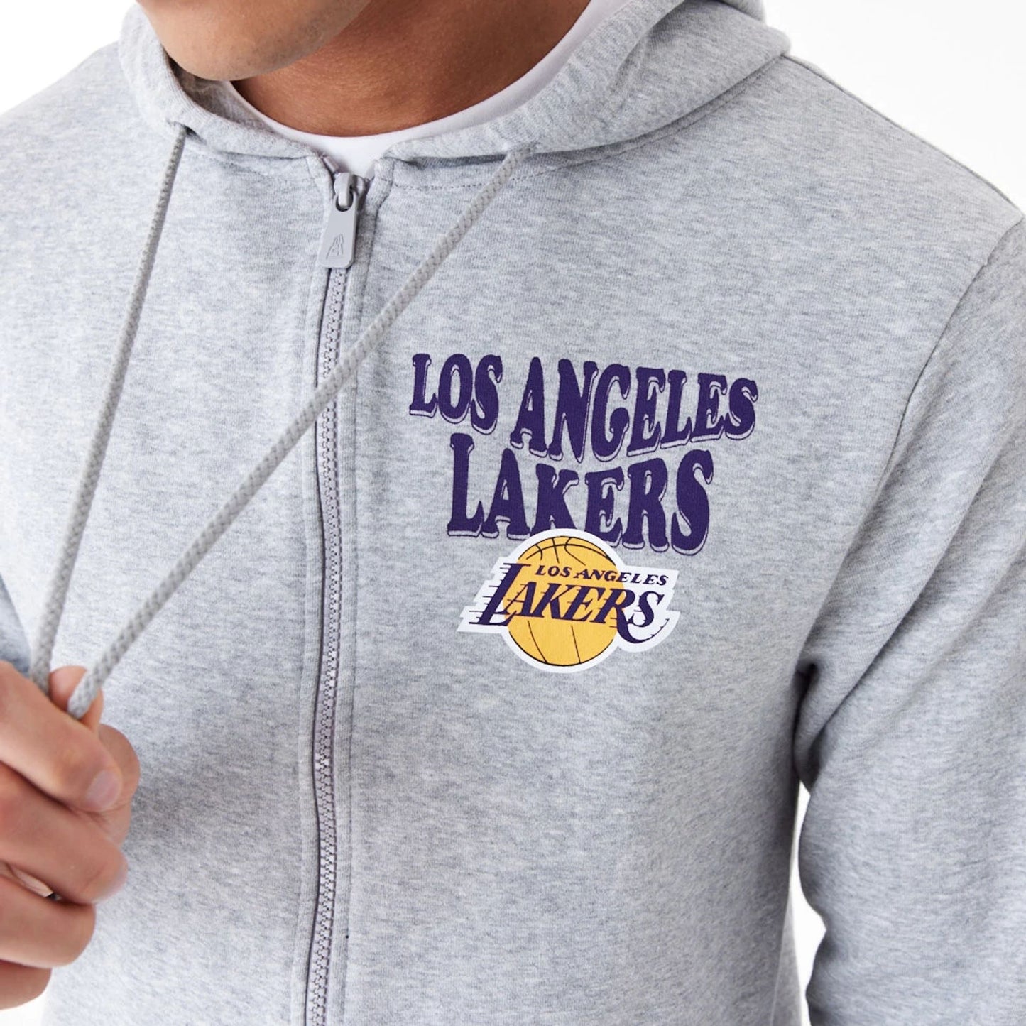 The Male model is wearing LA Lakers NBA Script Grey Full Zip Hoodie 2