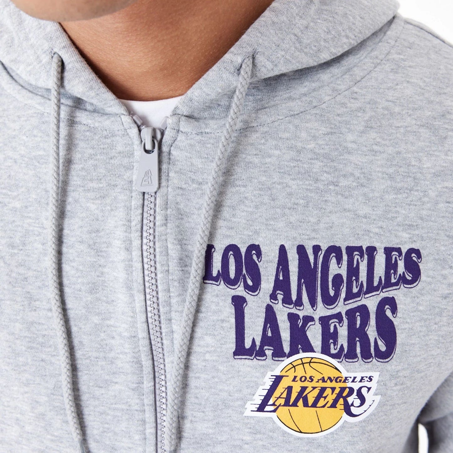 The Male model is wearing LA Lakers NBA Script Grey Full Zip Hoodie 4