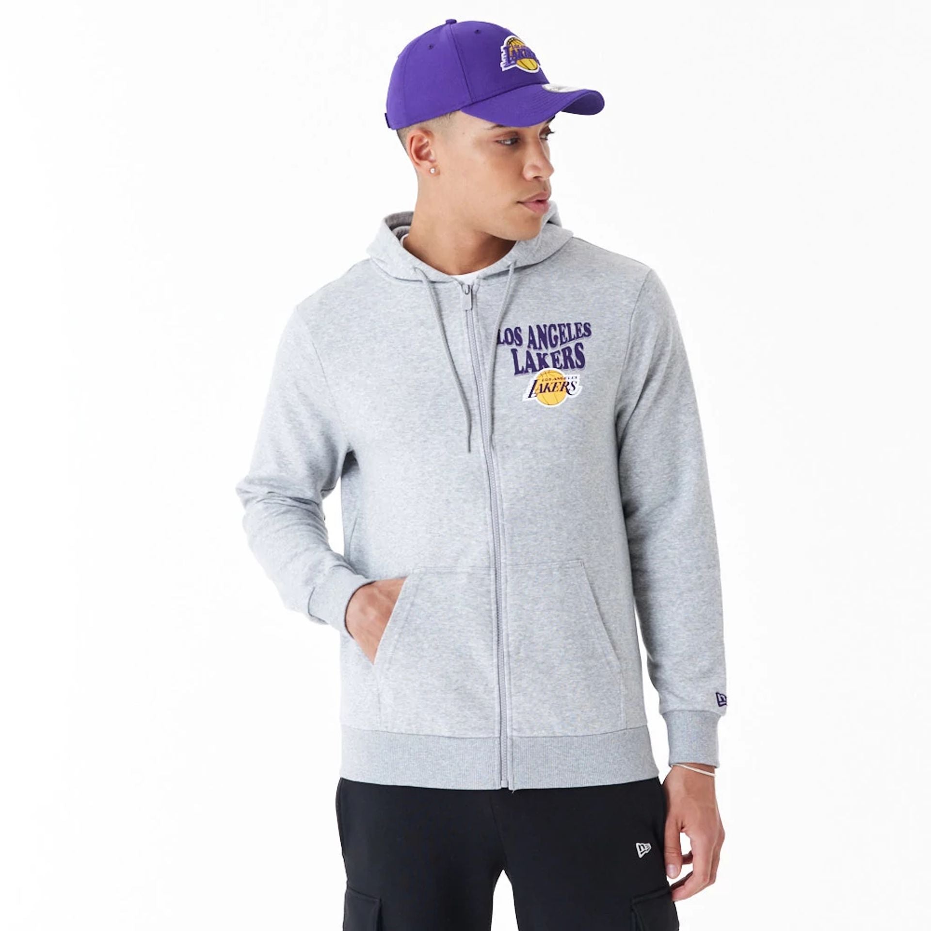 The Male model is wearing LA Lakers NBA Script Grey Full Zip Hoodie 1