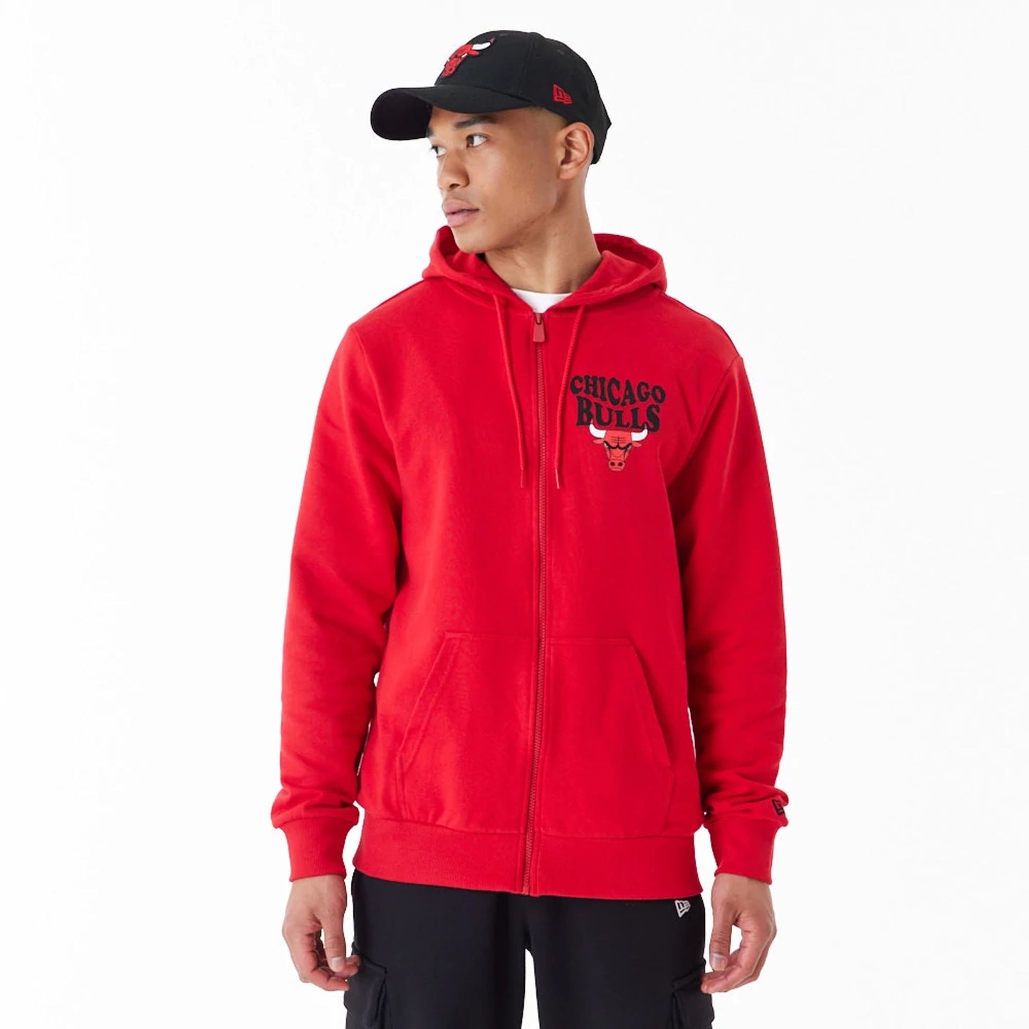 The Male model is wearing Chicago Bulls NBA Script Red Full Zip Hoodie 1