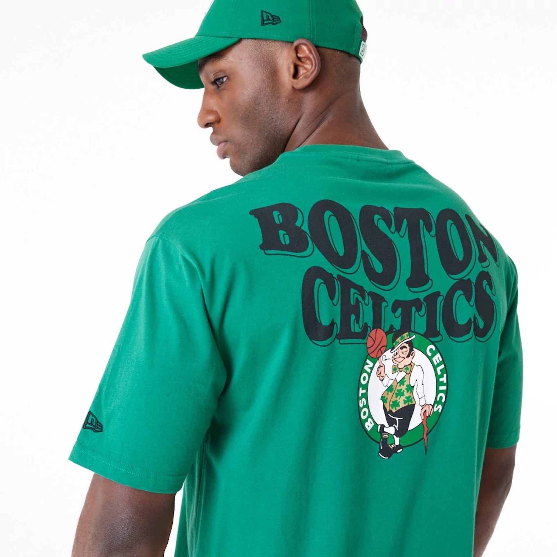 The Male model is wearing Boston Celtics NBA Script Green Oversized T-Shirt 2