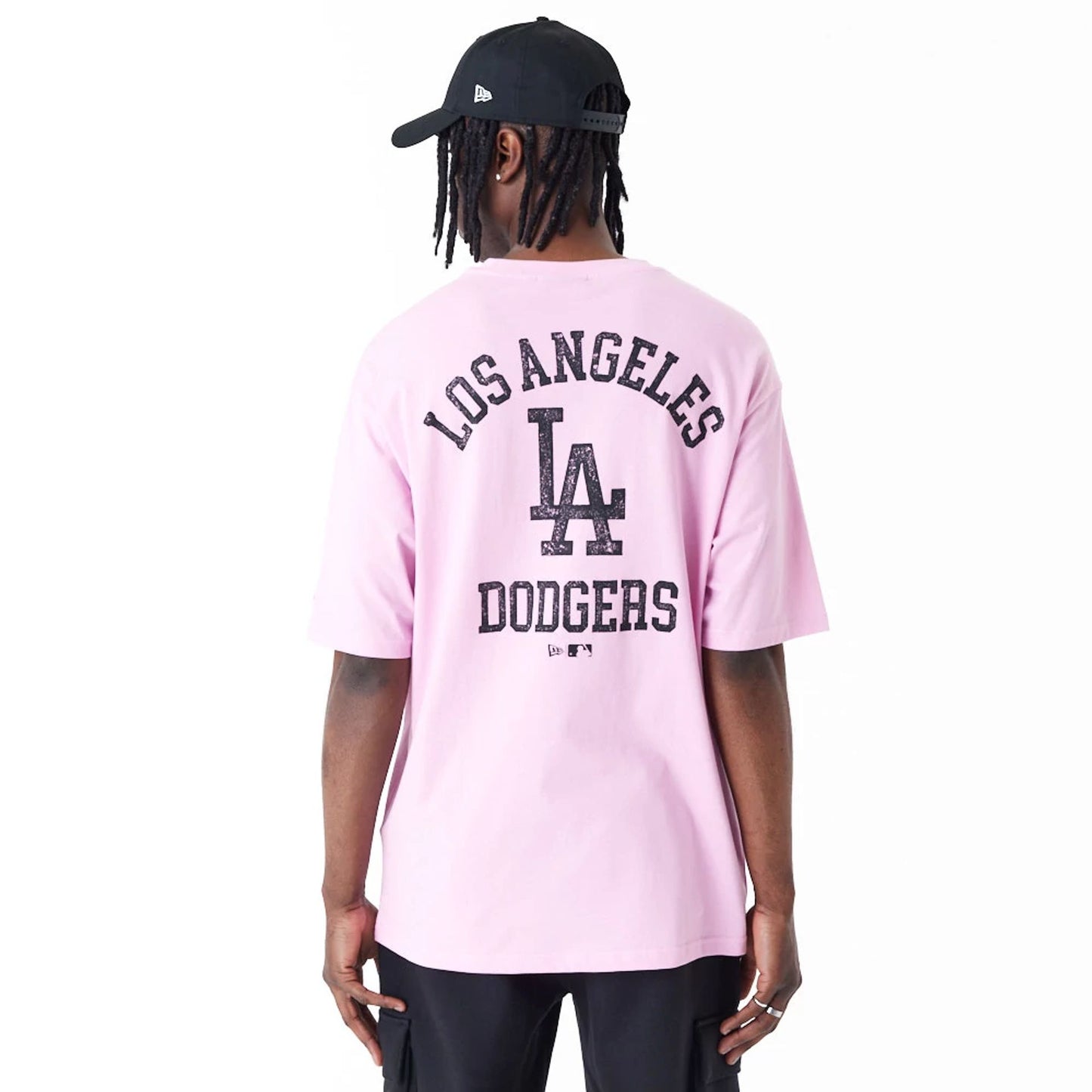 The Male model is wearing LA Dodgers MLB Wordmark Pink Oversized T-Shirt 6