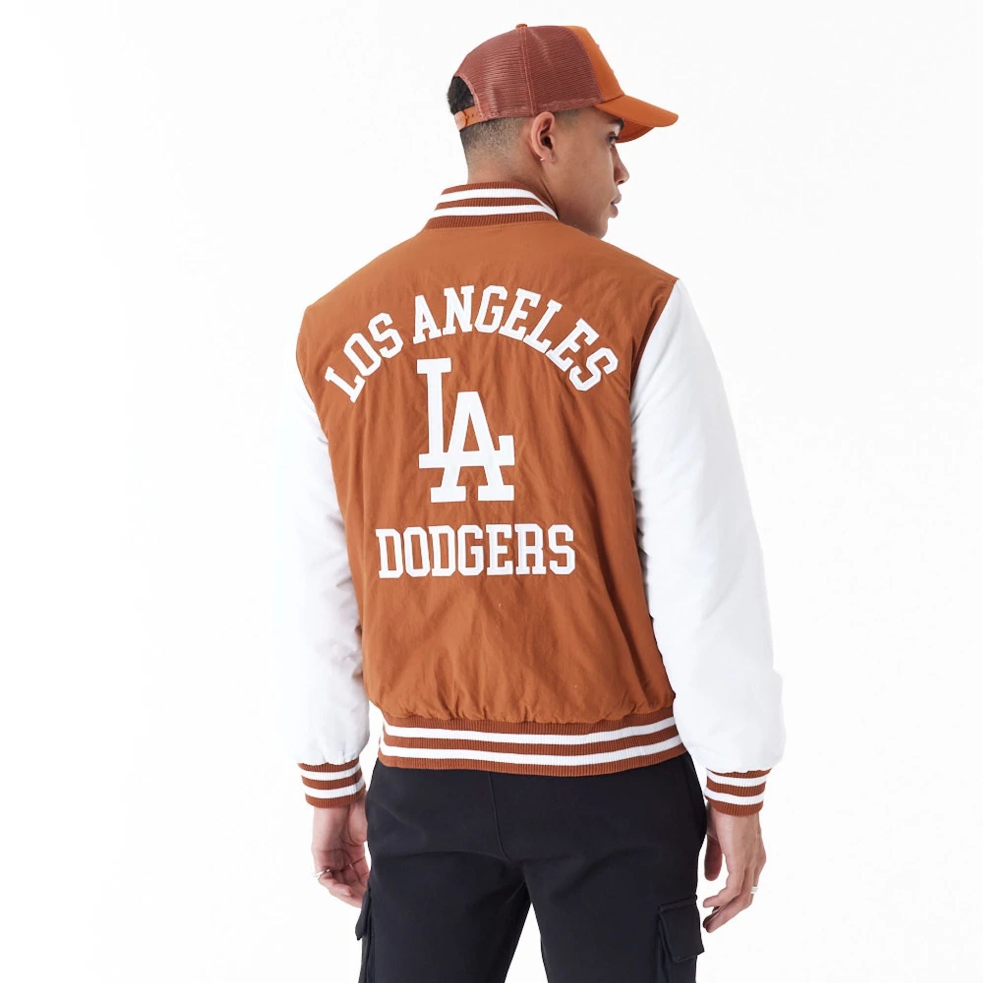 The Male model is wearing LA Dodgers MLB Team Wordmark Brown Bomber Jacket 6