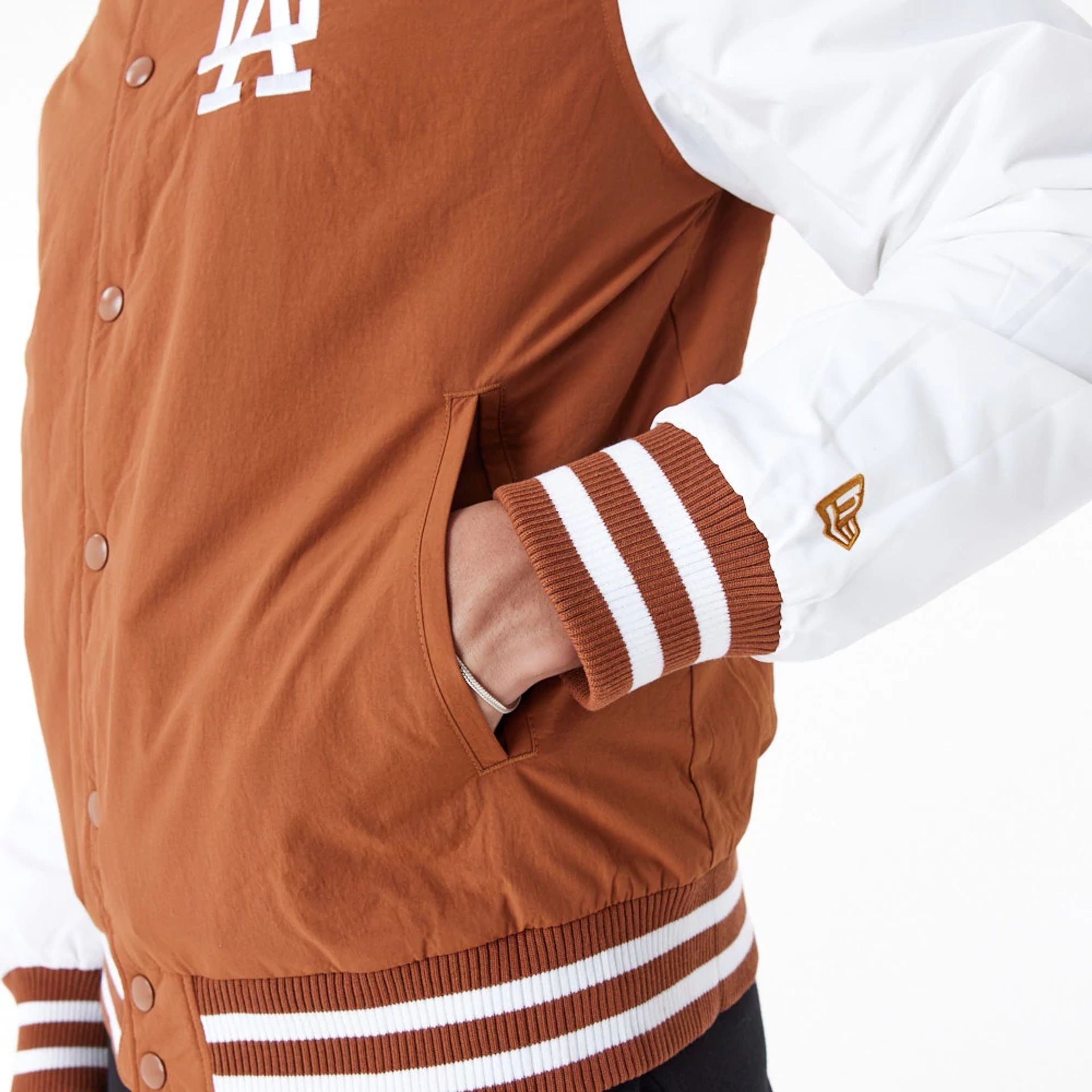 The Male model is wearing LA Dodgers MLB Team Wordmark Brown Bomber Jacket 4