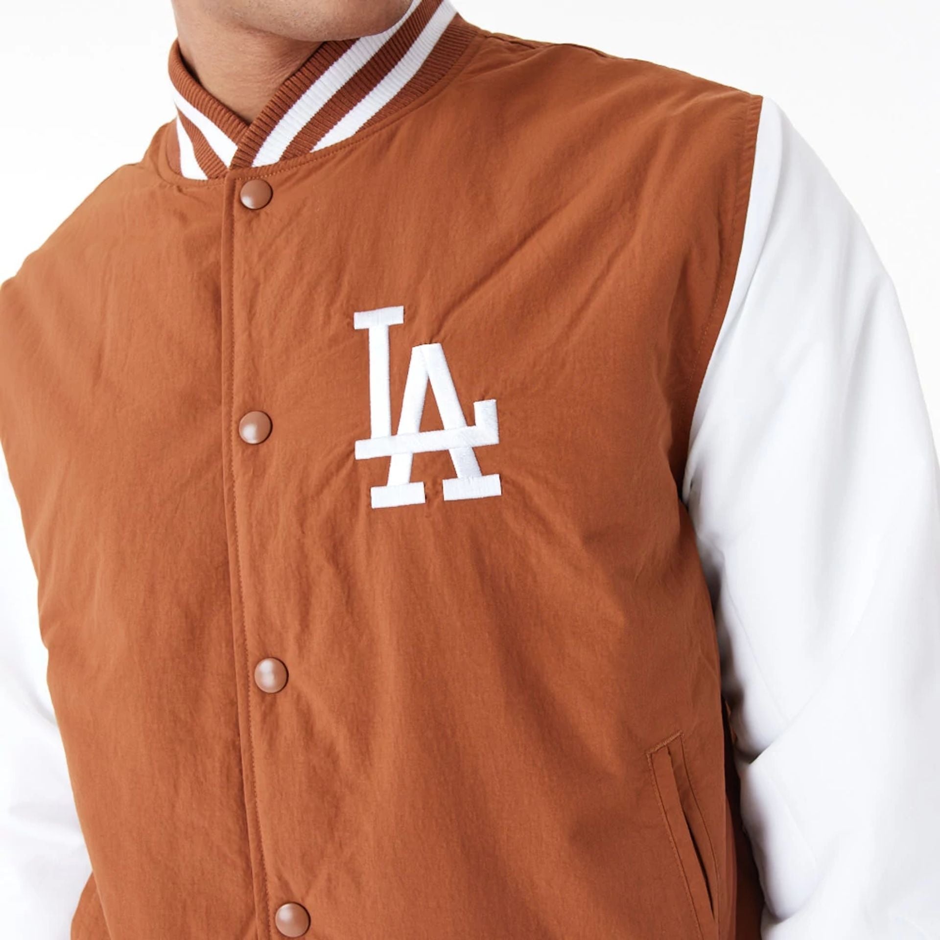 The Male model is wearing LA Dodgers MLB Team Wordmark Brown Bomber Jacket 5