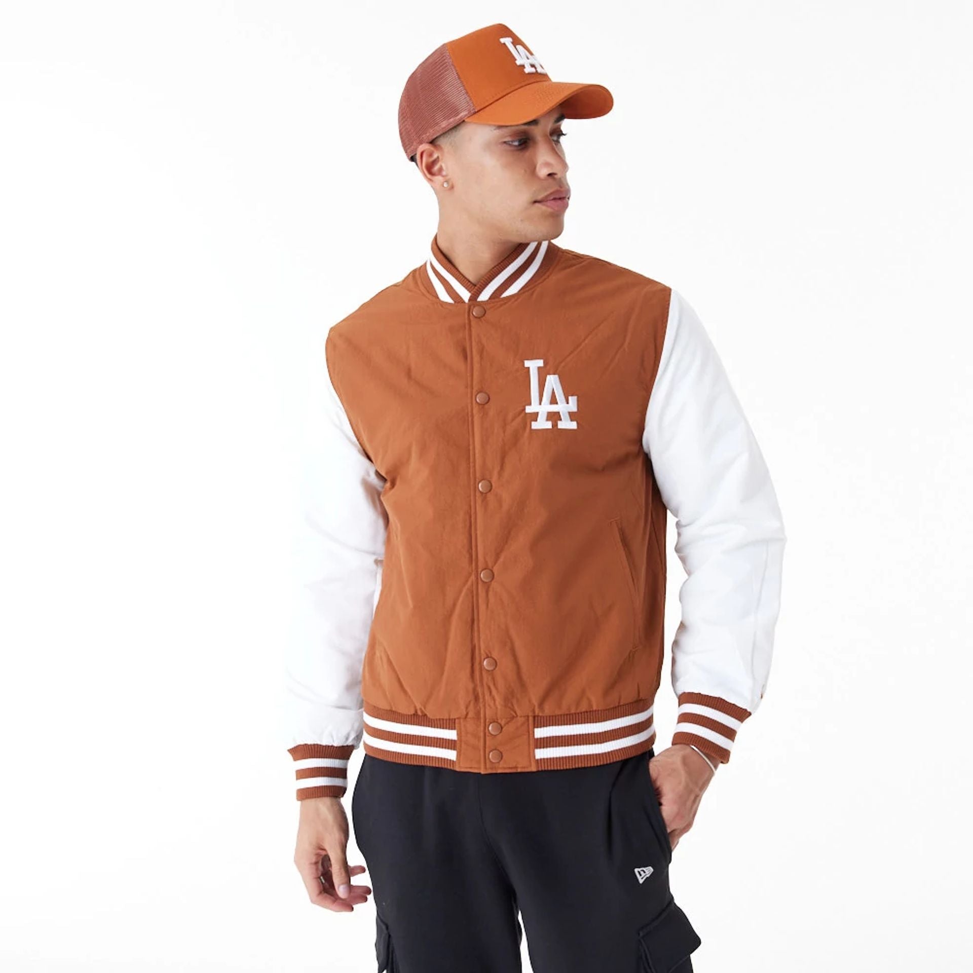 The Male model is wearing LA Dodgers MLB Team Wordmark Brown Bomber Jacket 1