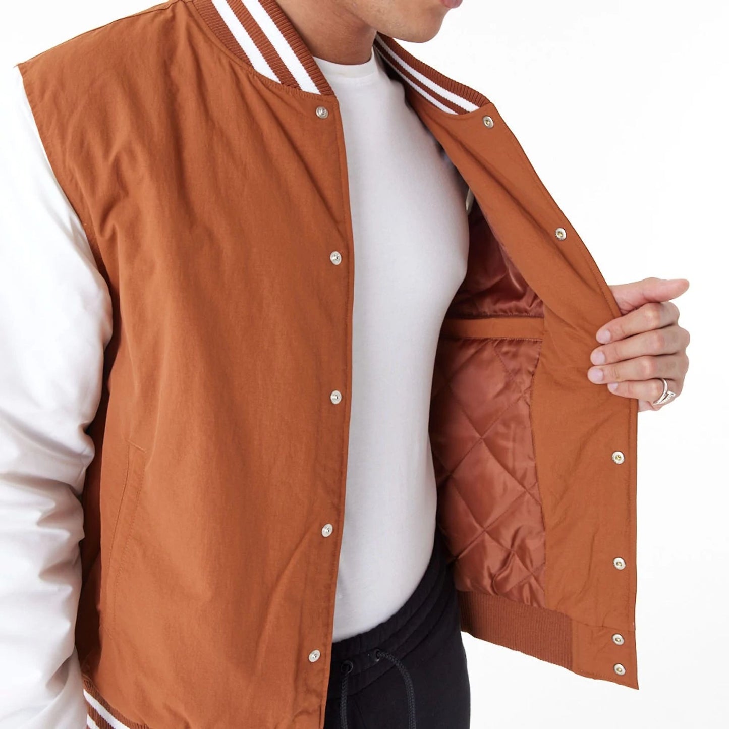 The Male model is wearing LA Dodgers MLB Team Wordmark Brown Bomber Jacket 3