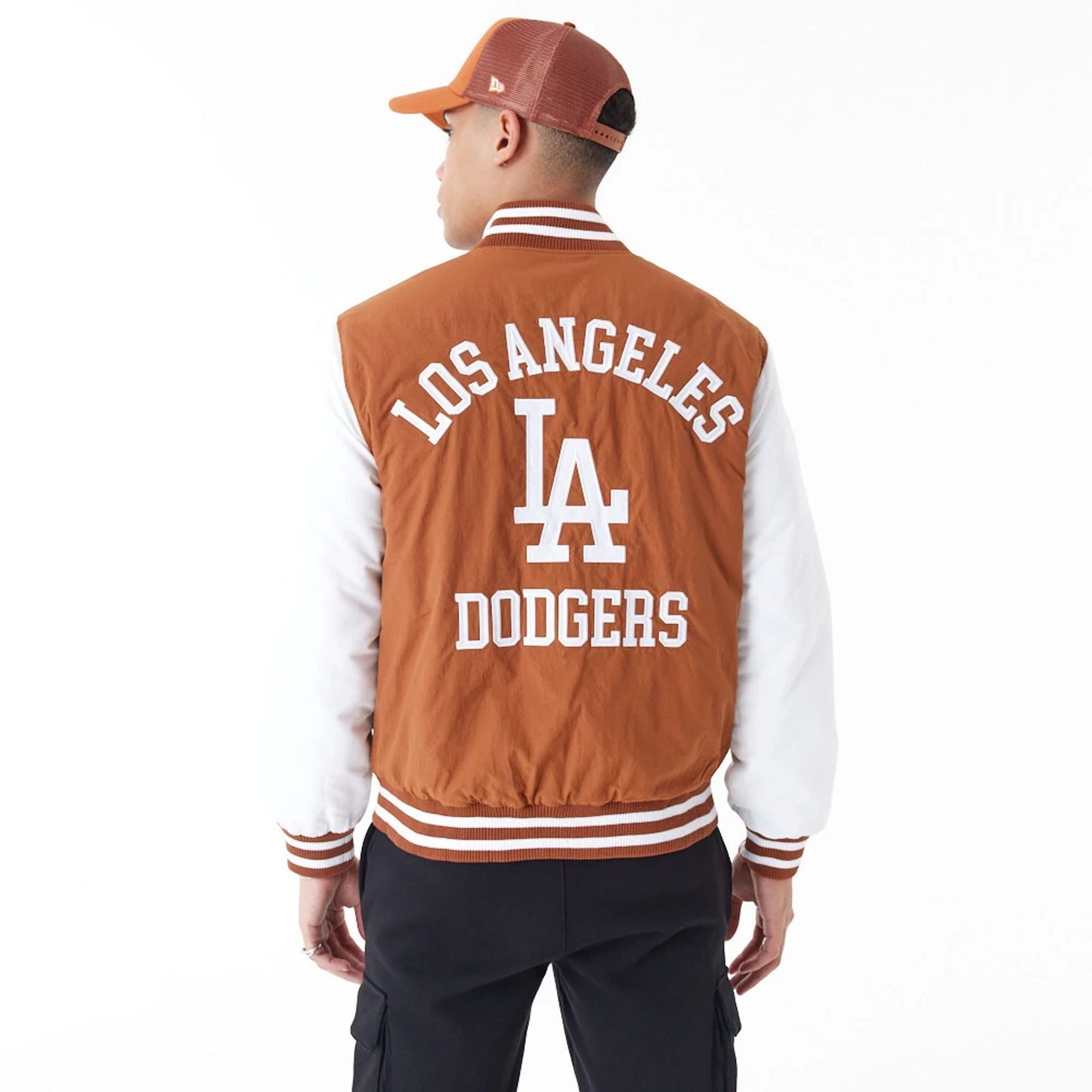 The Male model is wearing LA Dodgers MLB Team Wordmark Brown Bomber Jacket 2