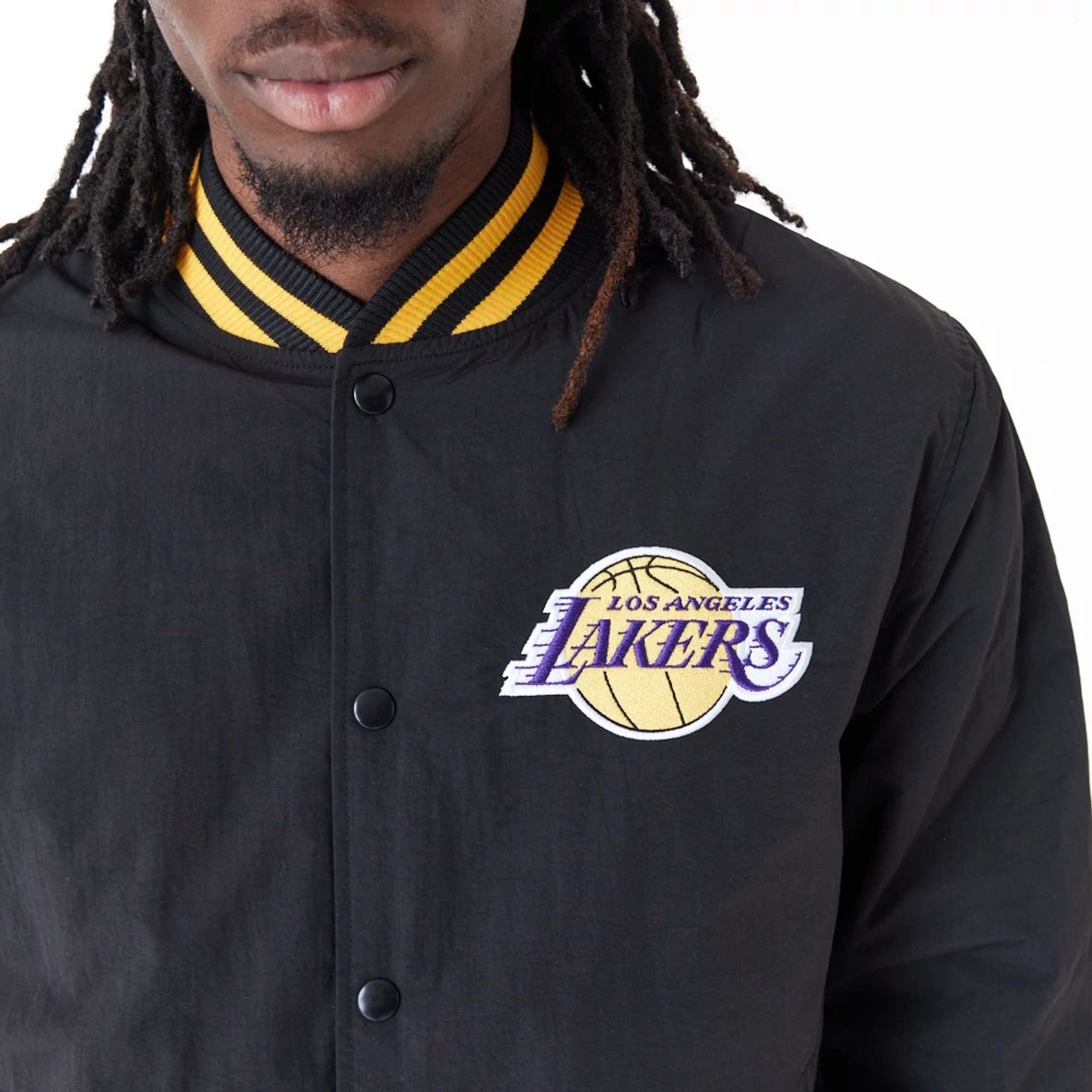 The Male model is wearing LA Lakers NBA Script Black Bomber Jacket 4