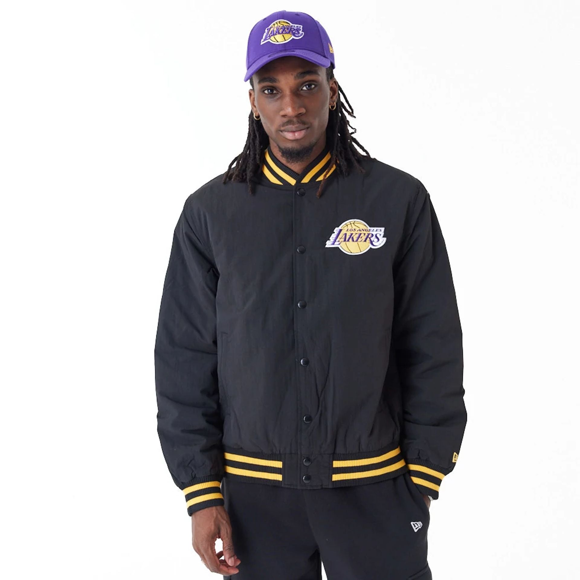 The Male model is wearing LA Lakers NBA Script Black Bomber Jacket 1