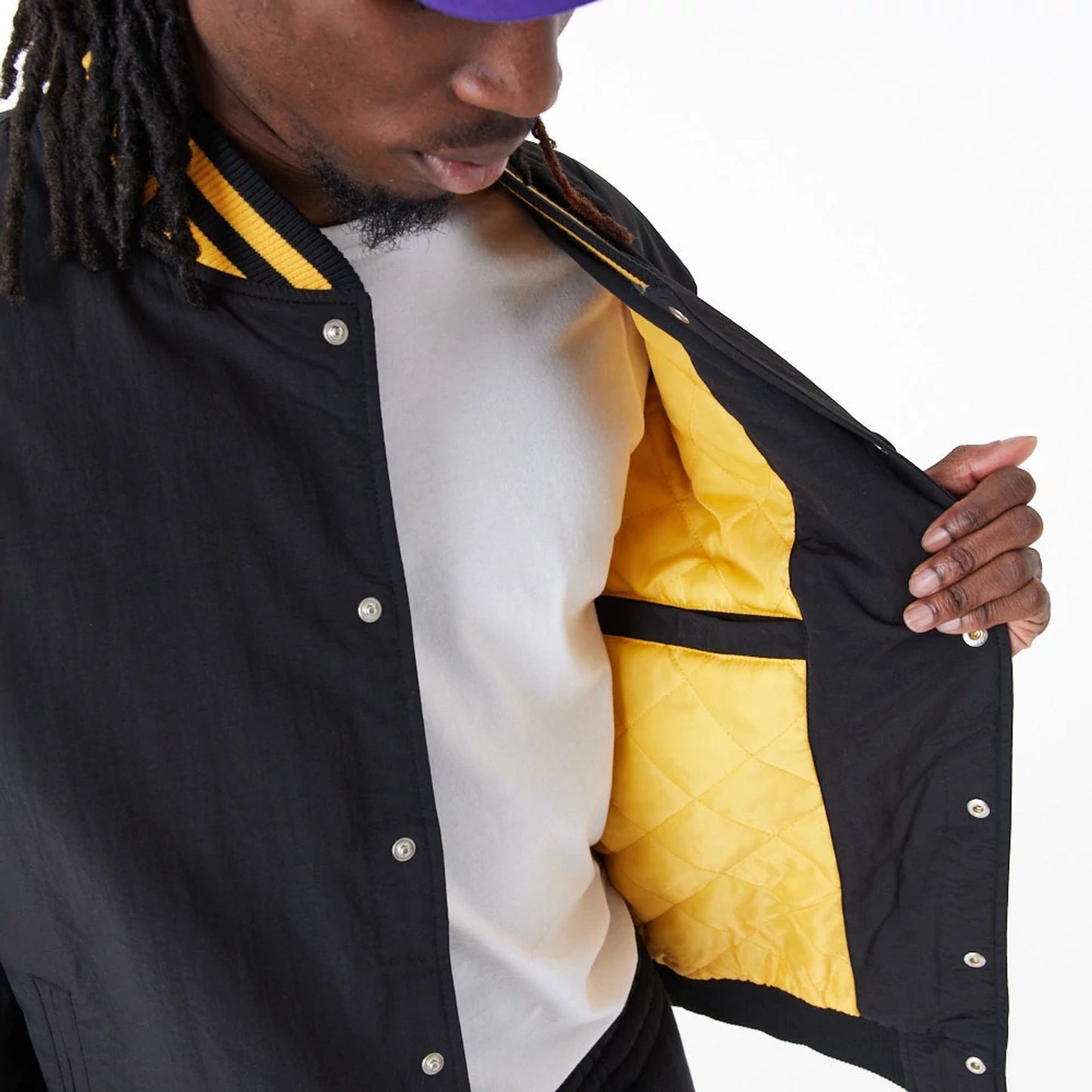 The Male model is wearing LA Lakers NBA Script Black Bomber Jacket 5