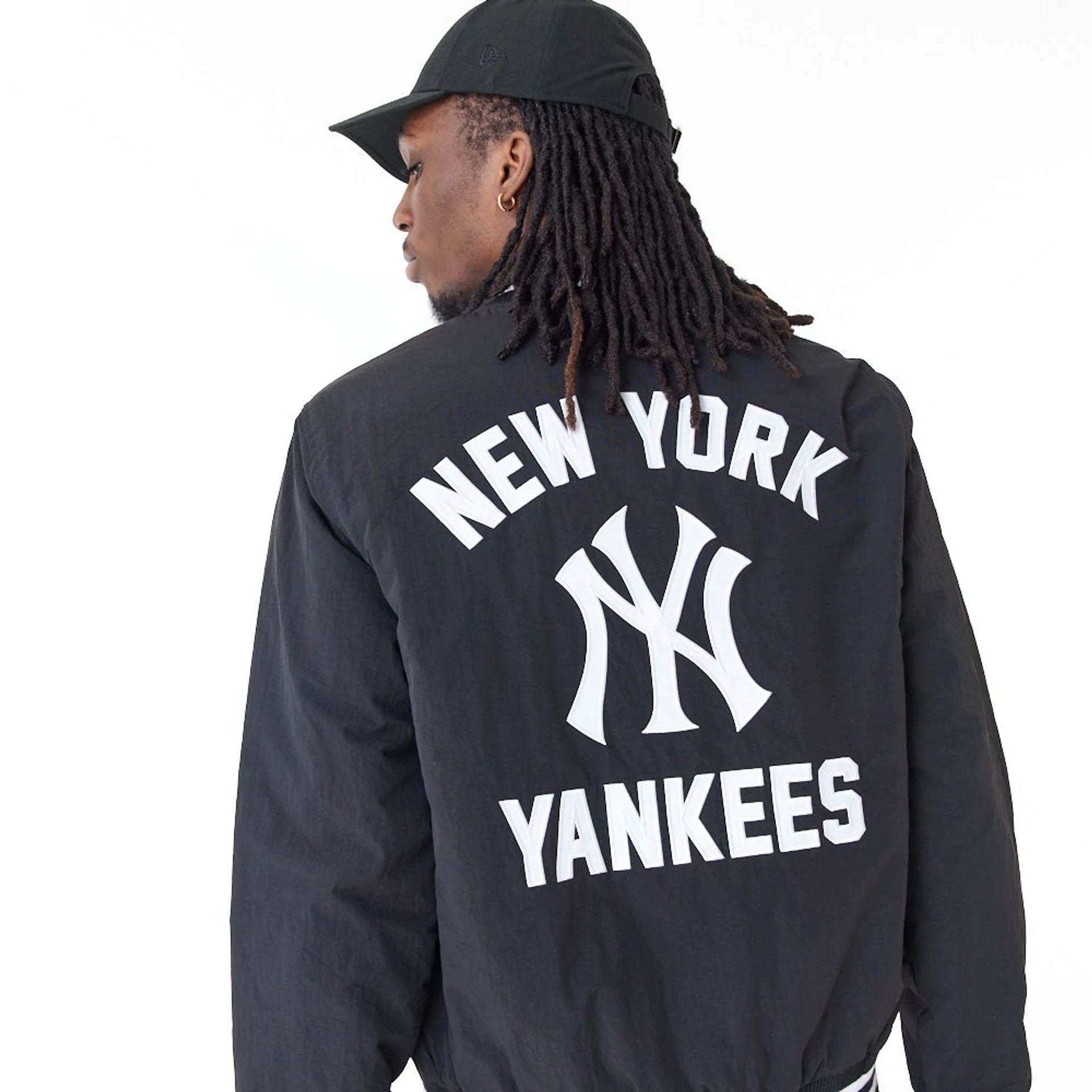 The Male model is wearing New York Yankees MLB Team Wordmark Black Bomber Jacket 2