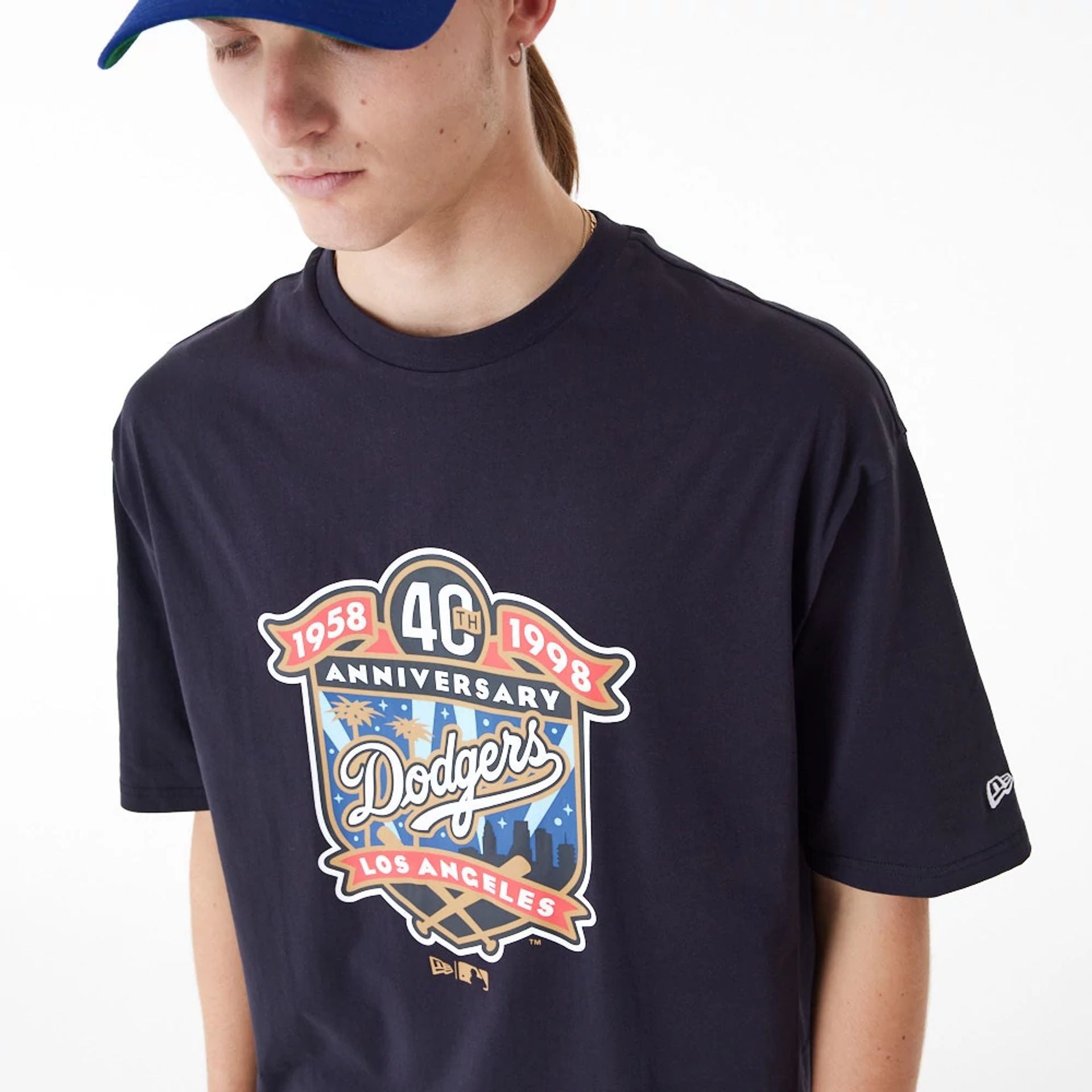 The Male model is wearing LA Dodgers MLB Anniversary Navy Oversized T-Shirt 2