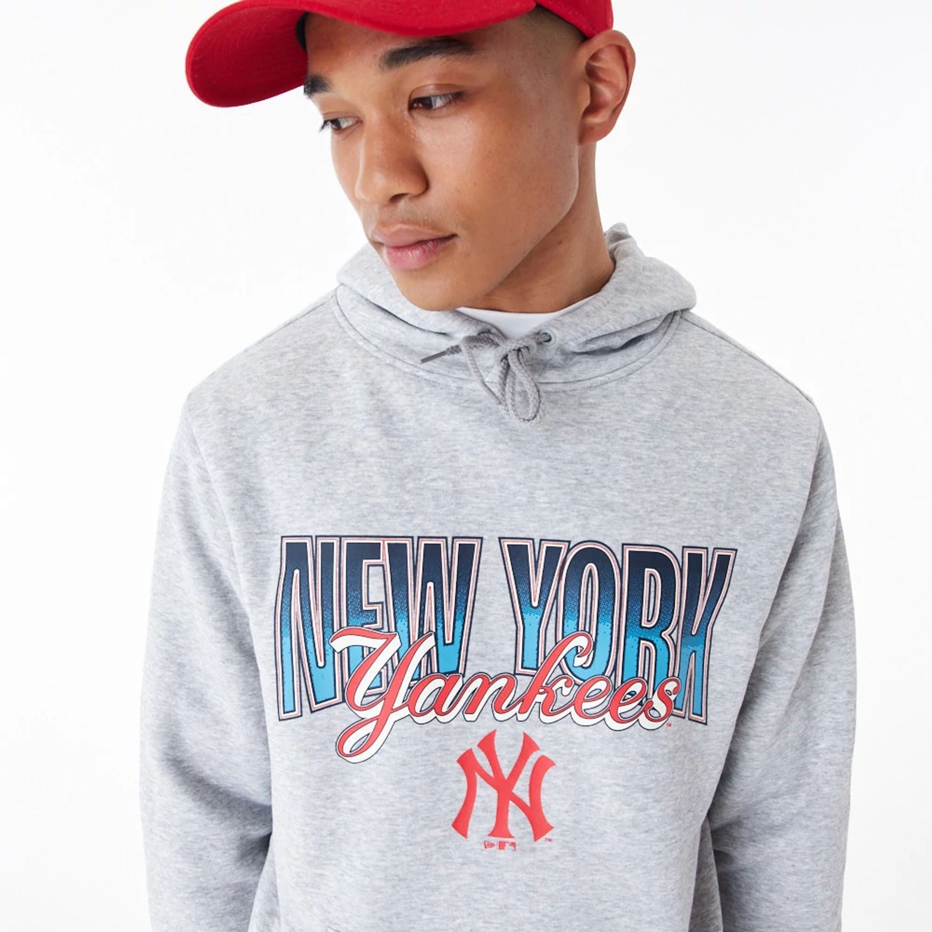 The Male model is wearing New York Yankees MLB Gradient Graphic Grey Pullover Hoodie 2