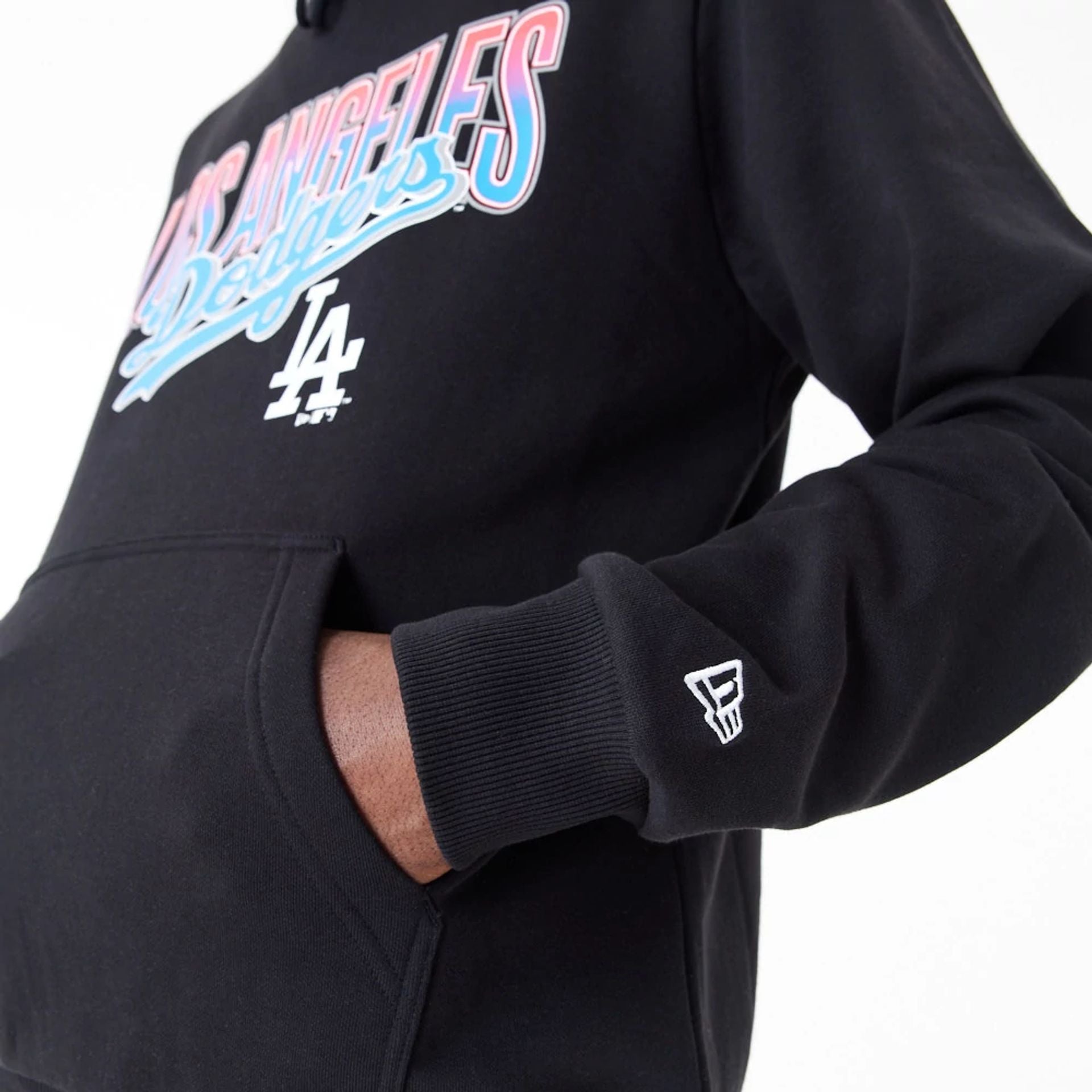 The Male model is wearing LA Dodgers MLB Gradient Graphic Black Pullover Hoodie 6