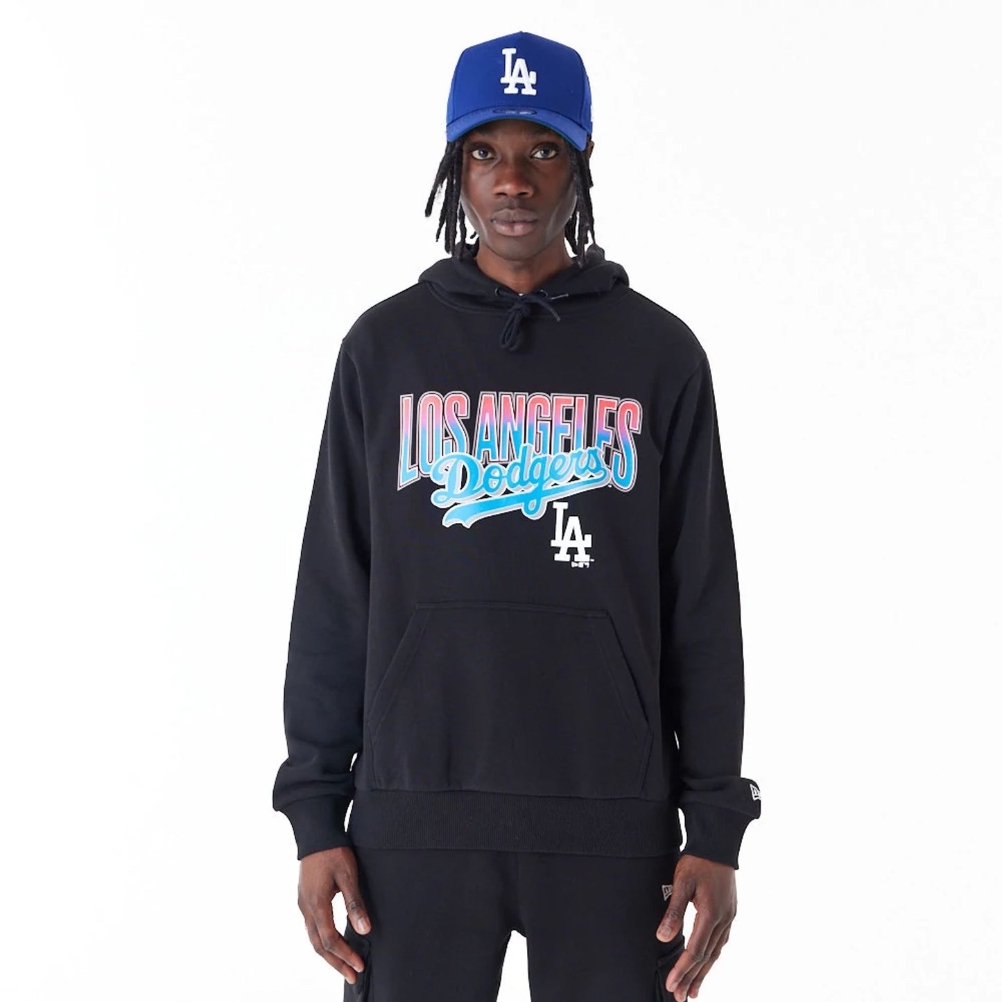 The Male model is wearing LA Dodgers MLB Gradient Graphic Black Pullover Hoodie 1