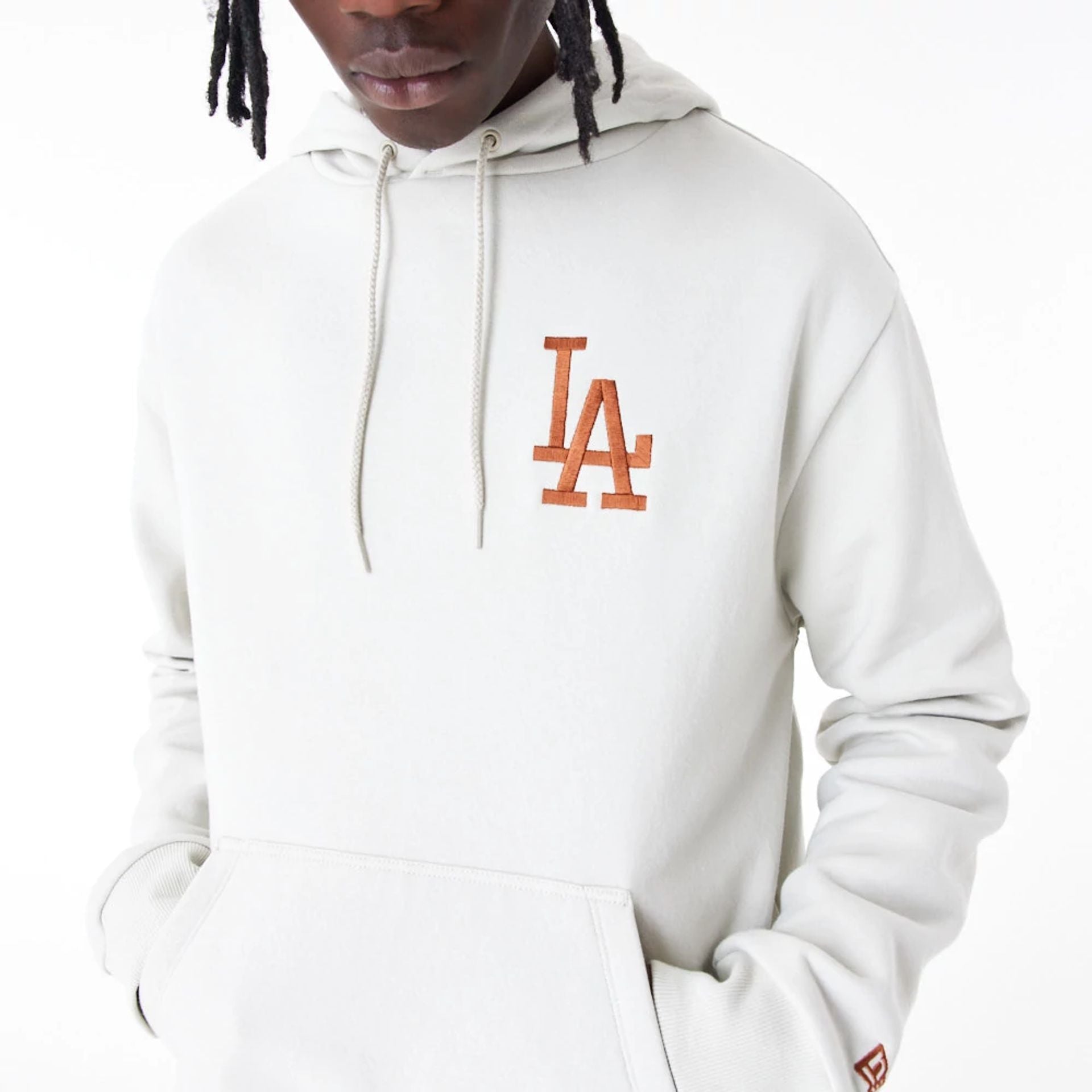 The Male model is wearing LA Dodgers League Essential Stone Oversized Pullover Hoodie 8