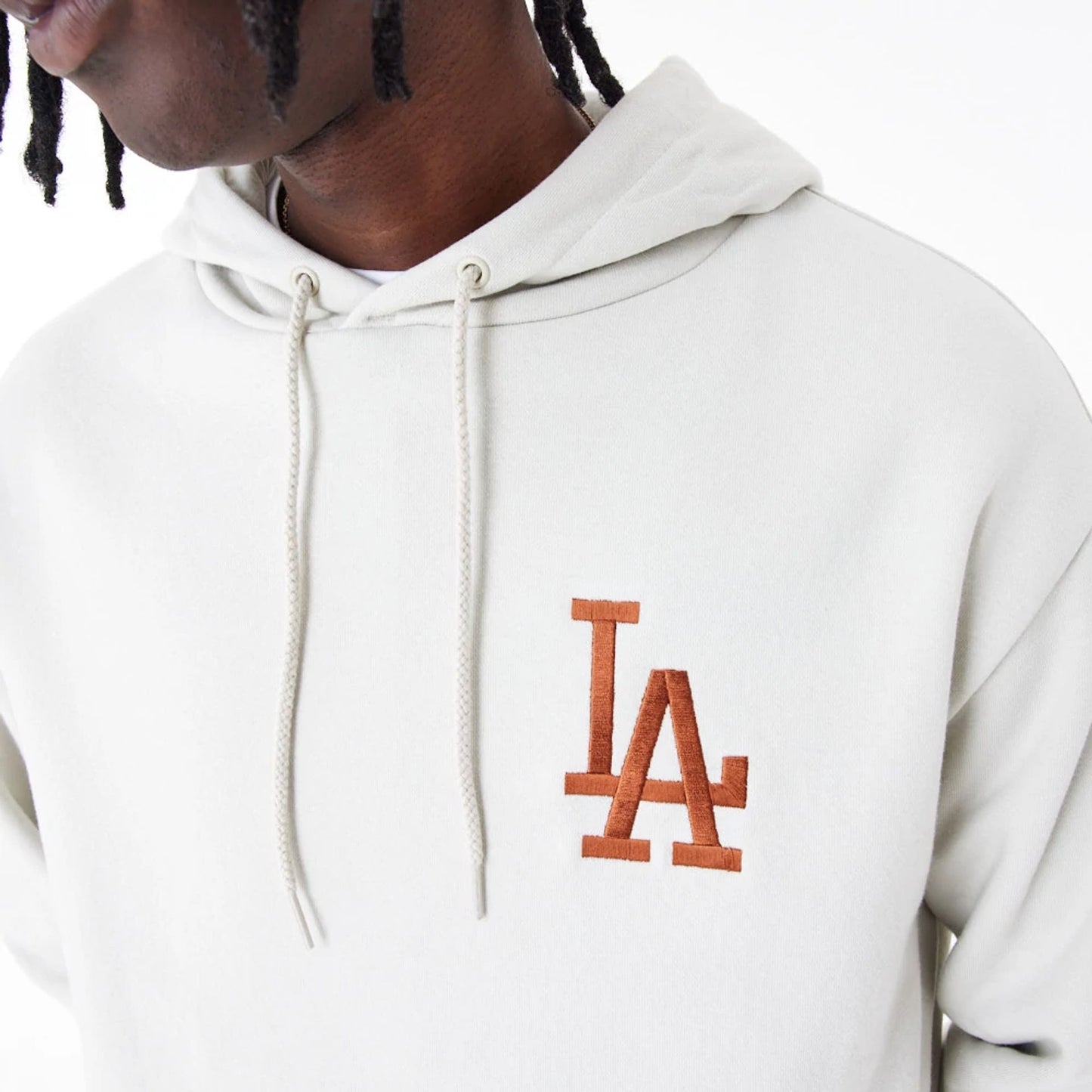 The Male model is wearing LA Dodgers League Essential Stone Oversized Pullover Hoodie 5