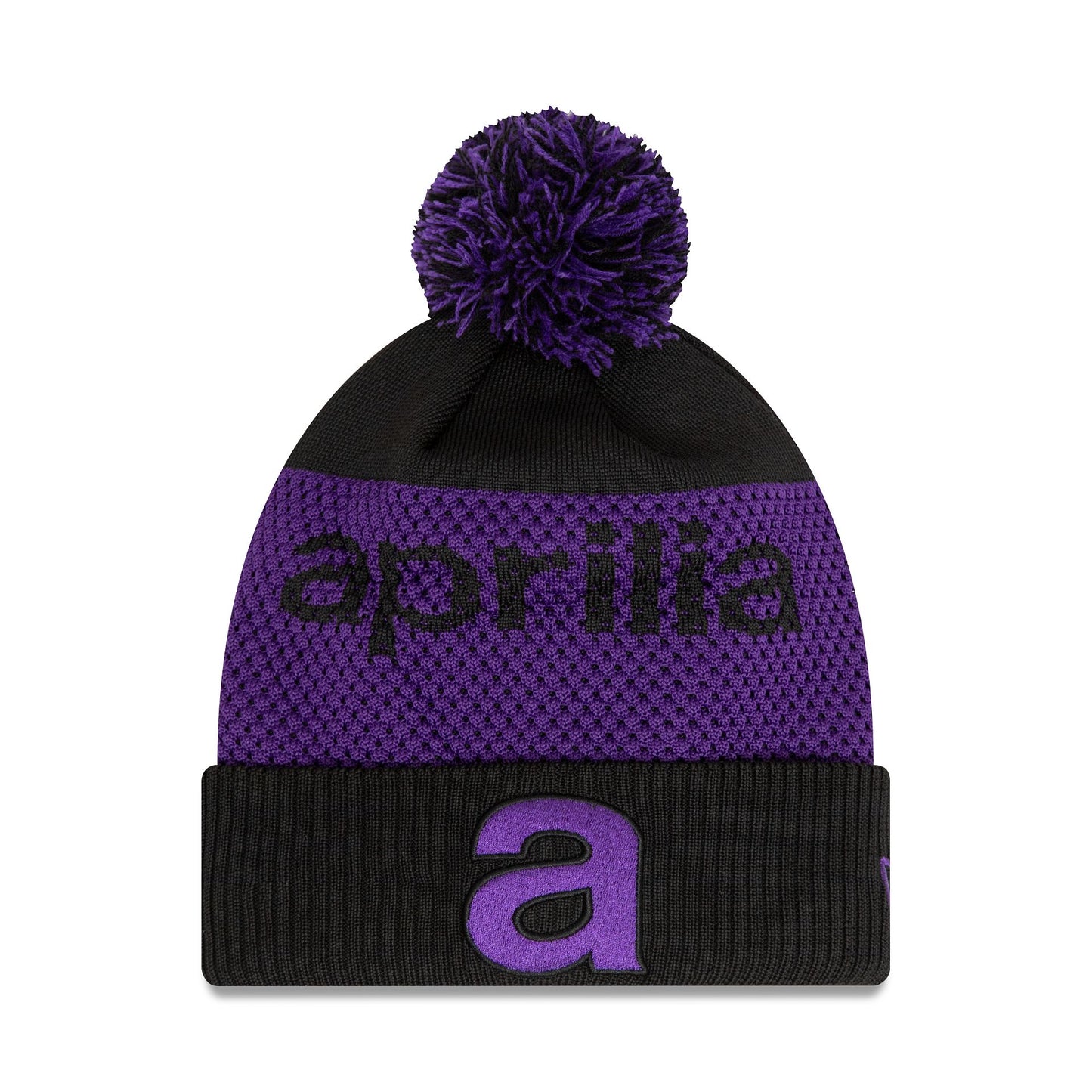 This is a Aprilia Wordmark Black Bobble Knit Beanie Hat 1