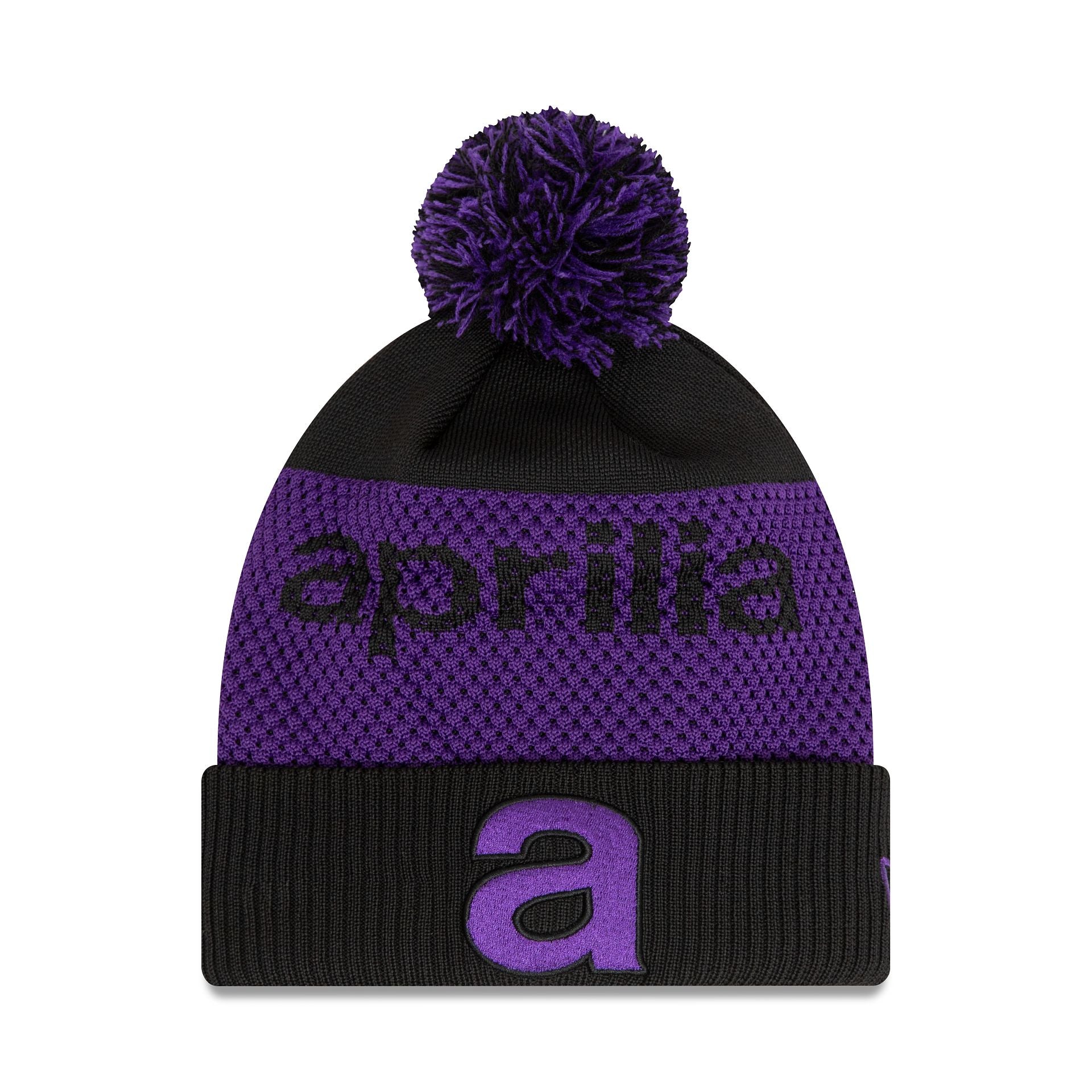 This is a Aprilia Wordmark Black Bobble Knit Beanie Hat 1