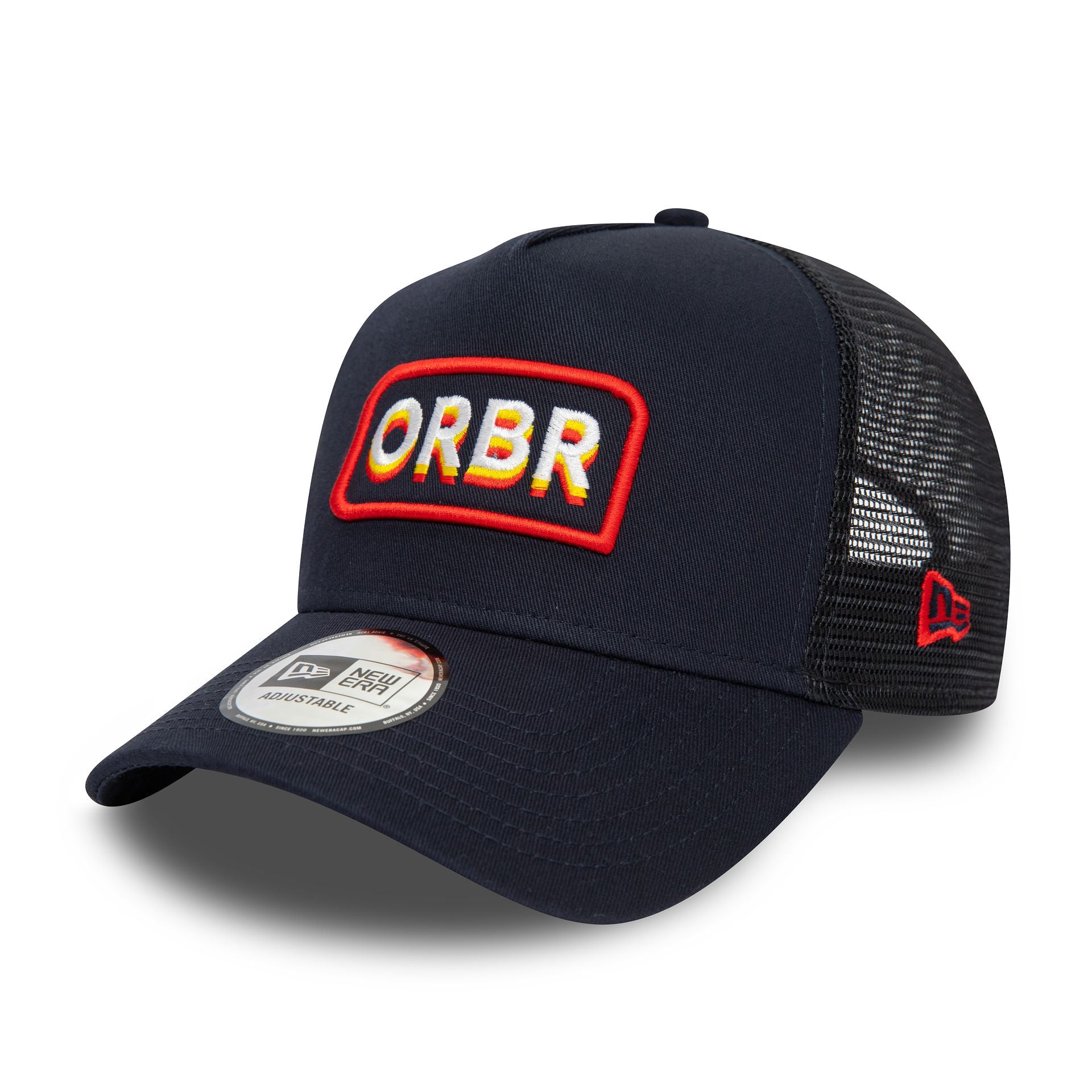 This is a Red Bull Racing Oracle Red Bull Racing Patch Navy E-Frame Trucker Cap 1