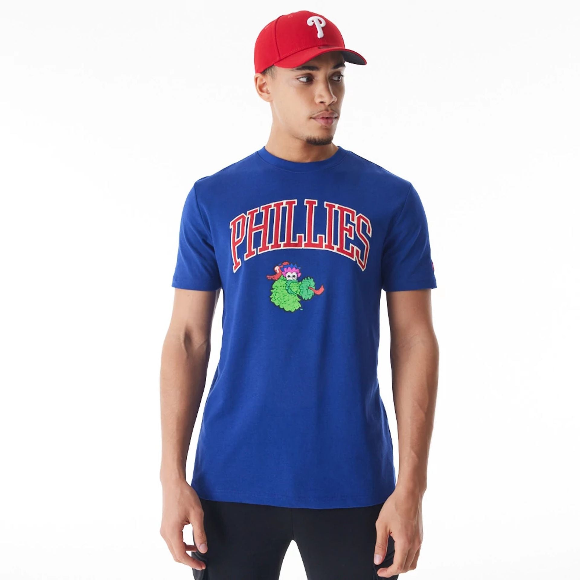 The Male model is wearing Philadelphia Phillies MLB Batting Practice Blue T-Shirt 1