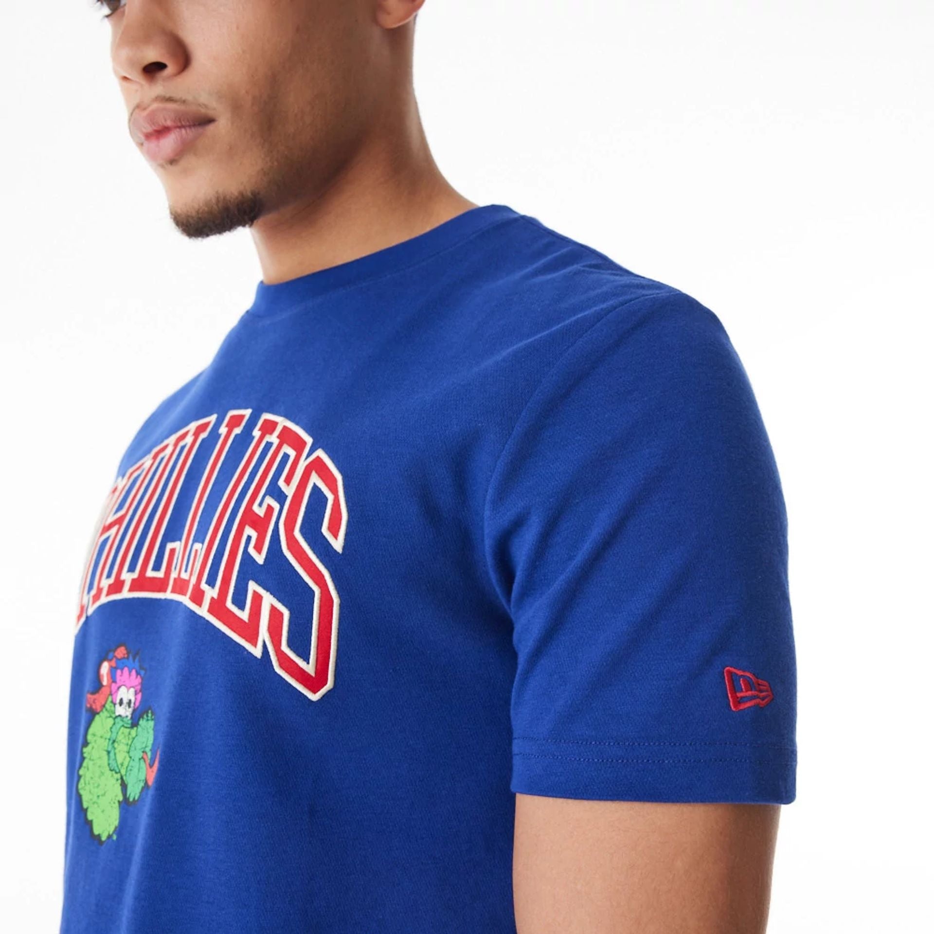 The Male model is wearing Philadelphia Phillies MLB Batting Practice Blue T-Shirt 4