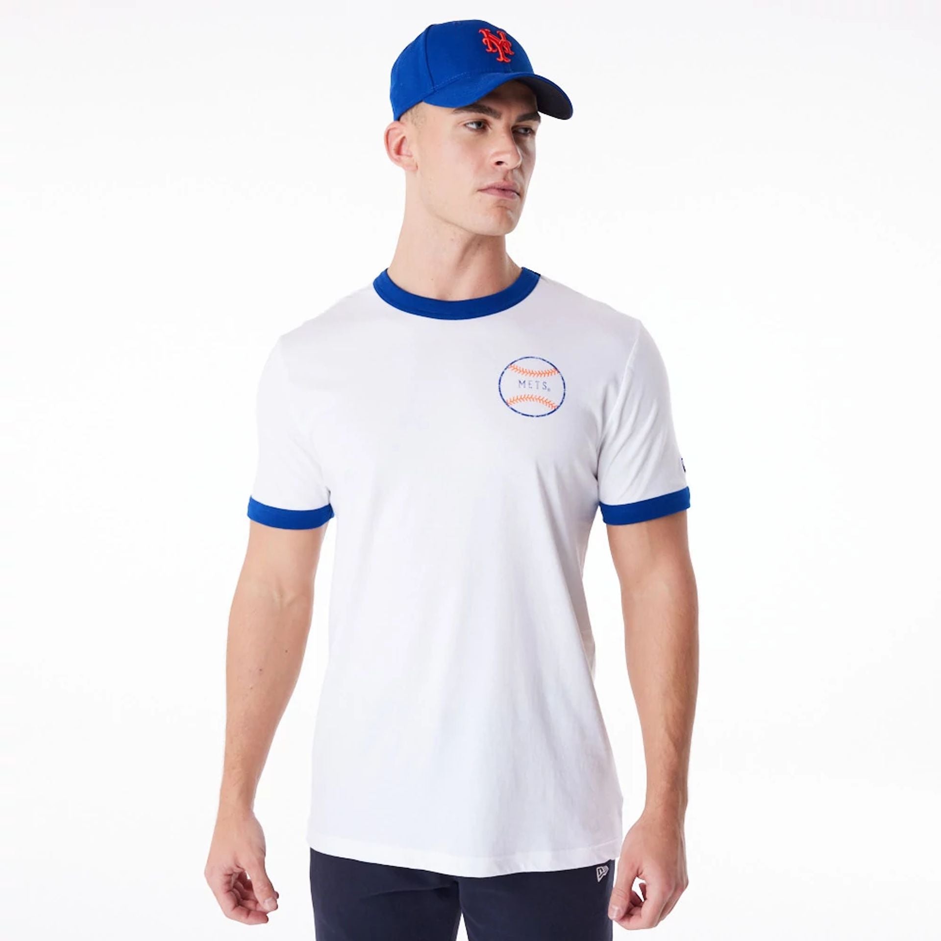 The Male model is wearing New York Mets MLB Batting Practice White T-Shirt 1