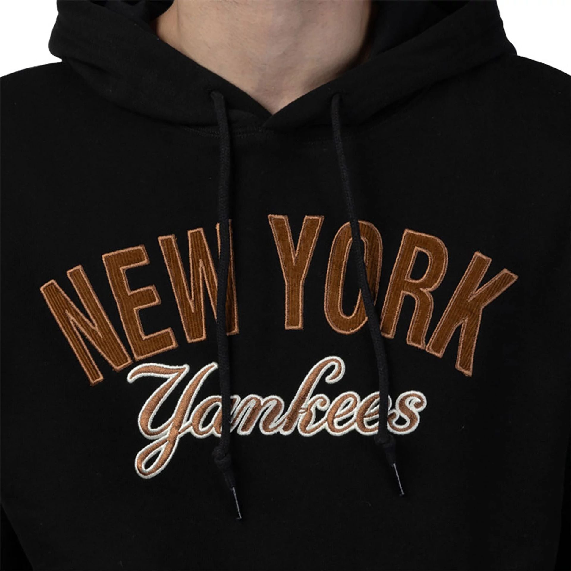 The Male model is wearing New York Yankees MLB Cord Black Pullover Hoodie 4