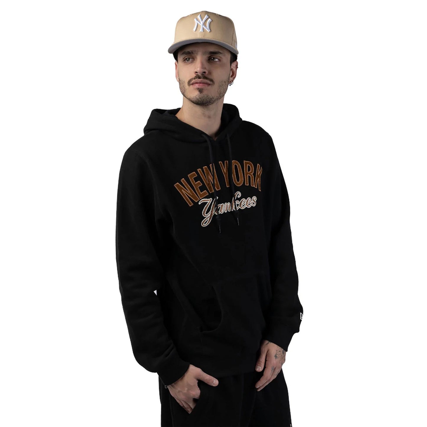 The Male model is wearing New York Yankees MLB Cord Black Pullover Hoodie 5