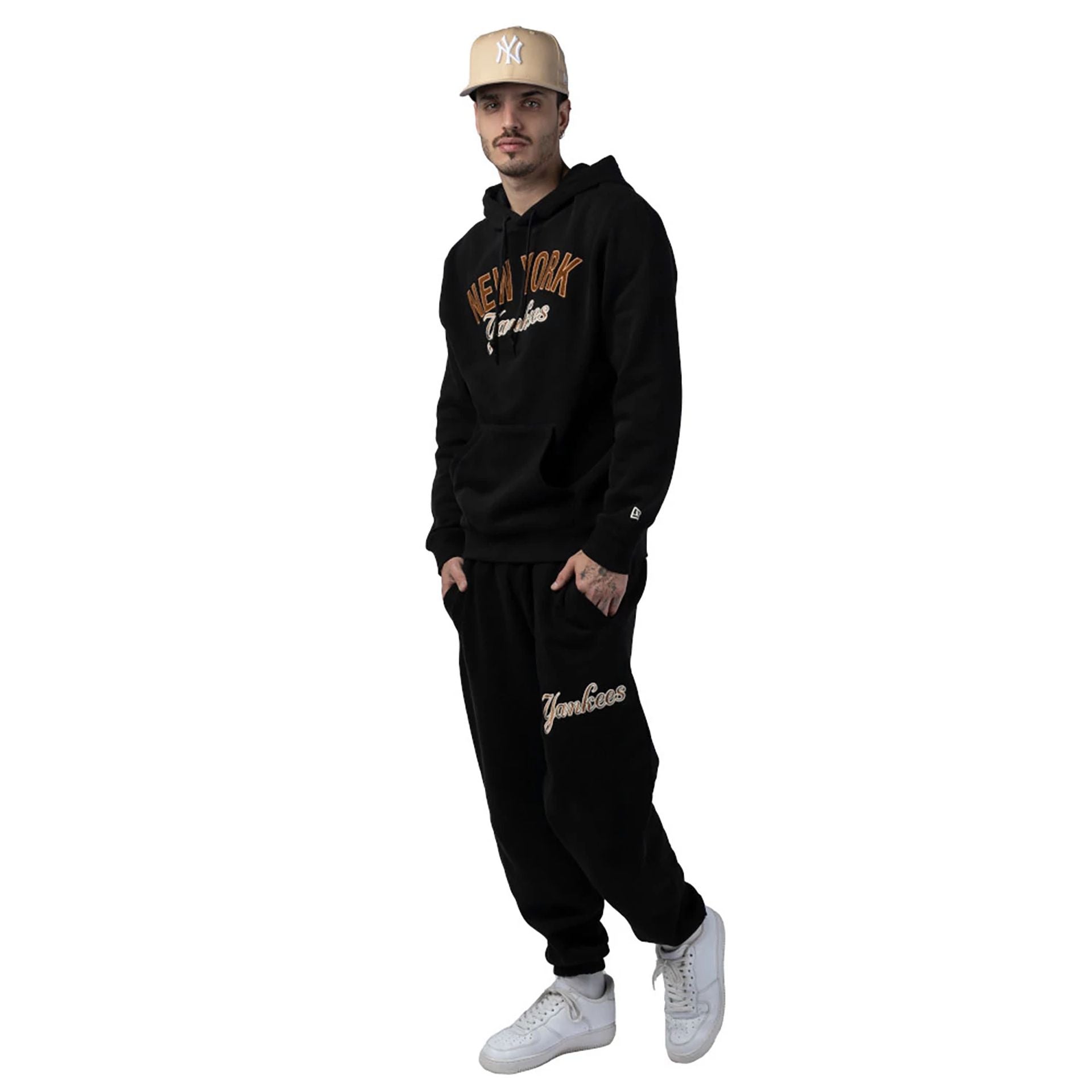 The Male model is wearing New York Yankees MLB Cord Black Pullover Hoodie 8